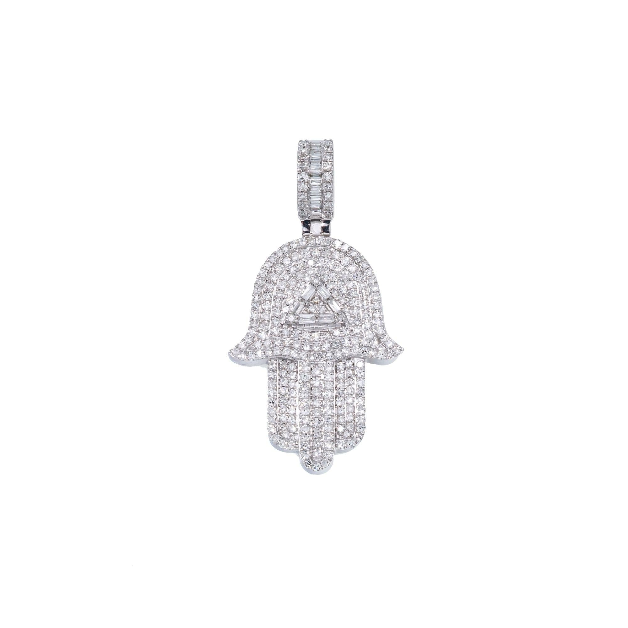 14K GOLD BAGUETTE DIAMOND HAMSA WITH TRIANGLE PENDANT 1.45 CT