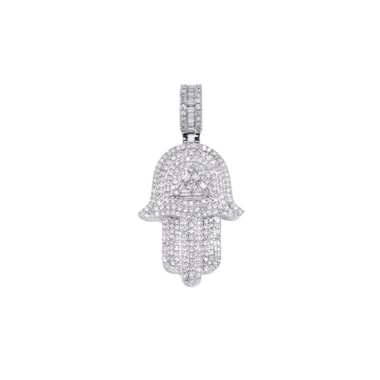 14K GOLD BAGUETTE DIAMOND HAMSA WITH TRIANGLE PENDANT 1.45 CT