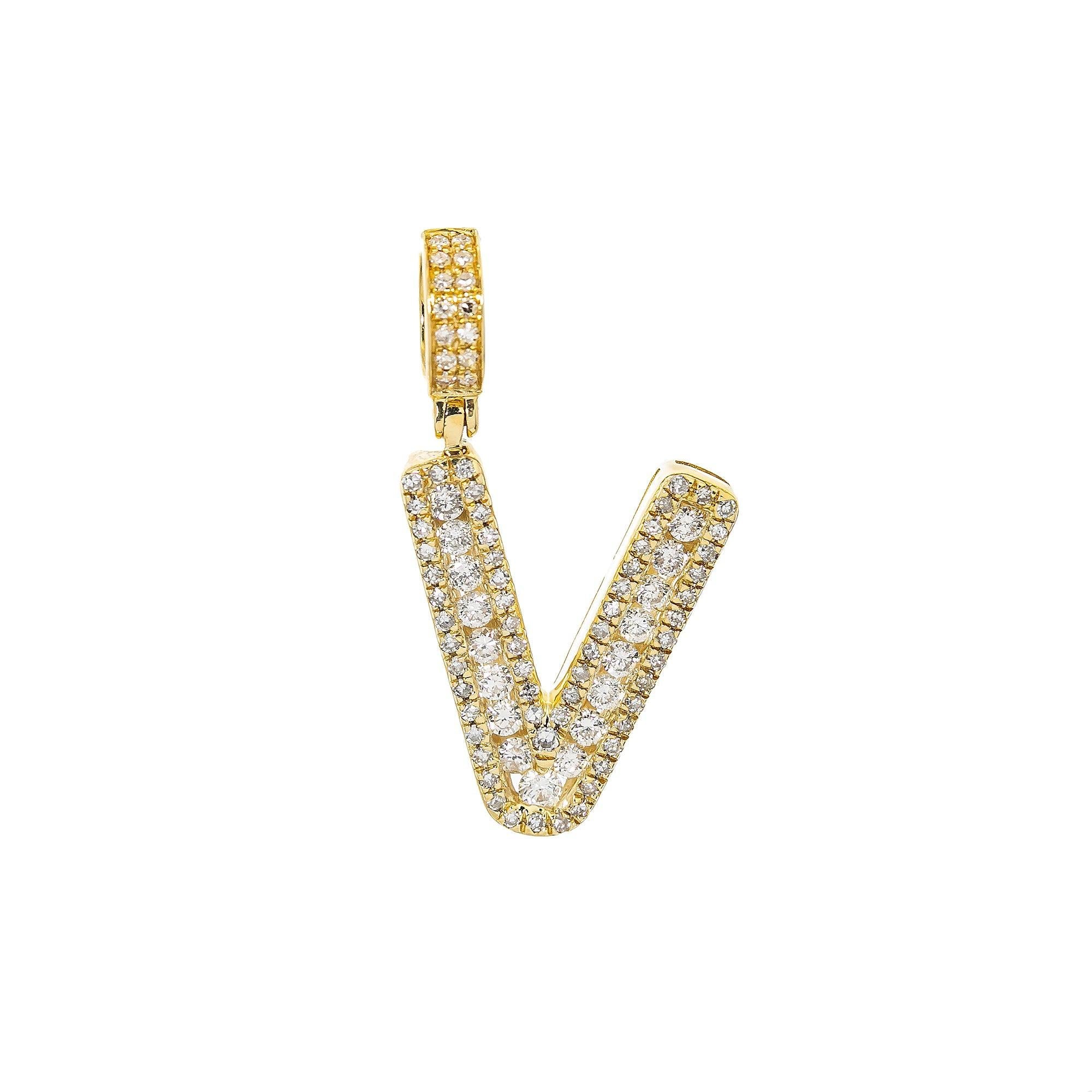 10K YELLOW GOLD UNISEX LETTER V PENDANT WITH 0.65 CT DIAMONDS