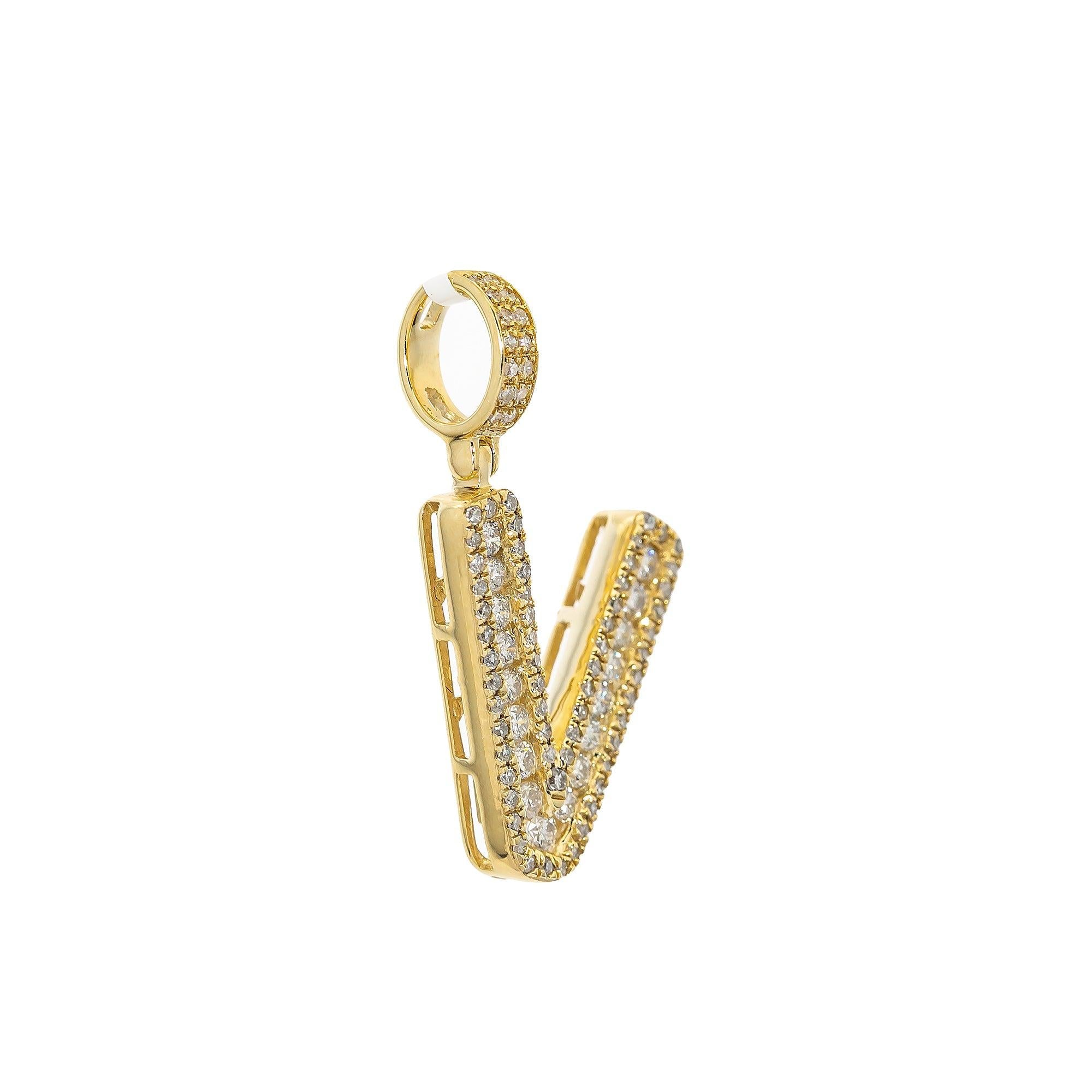 10K YELLOW GOLD UNISEX LETTER V PENDANT WITH 0.65 CT DIAMONDS