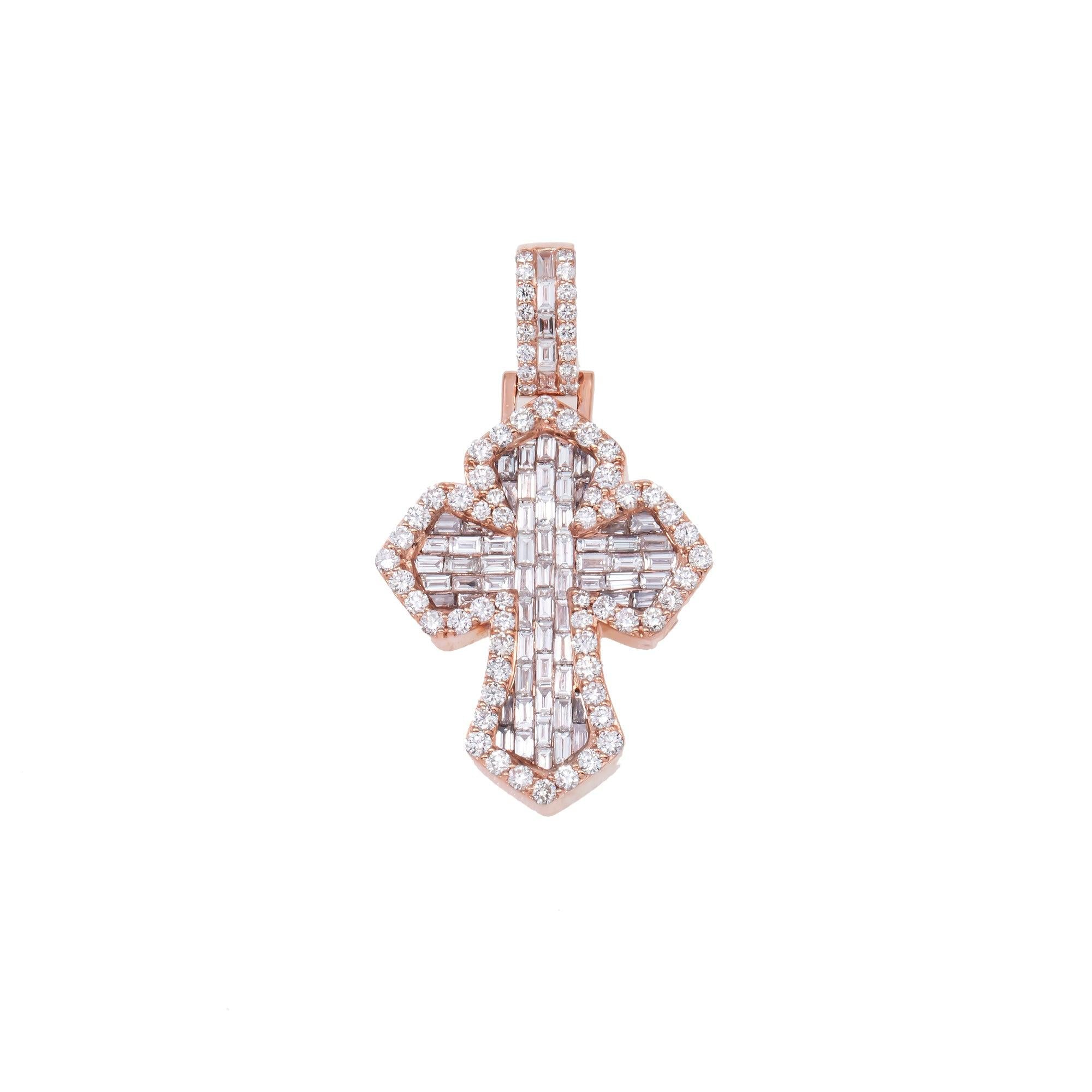 14K GOLD BAGUETTE DIAMOND INVERTED 3D FLEUR DE LIS CROSS PENDANT 3.25 CT