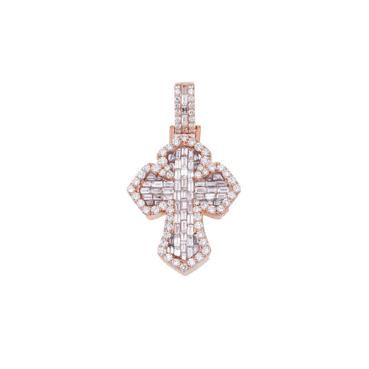 14K GOLD BAGUETTE DIAMOND INVERTED 3D FLEUR DE LIS CROSS PENDANT 3.25 CT
