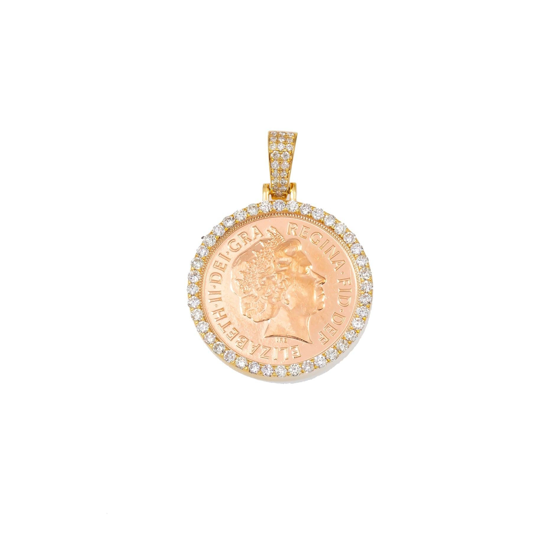 14K GOLD DIAMOND BRITISH SOVEREIGN COIN PENDANT 0.85 CT
