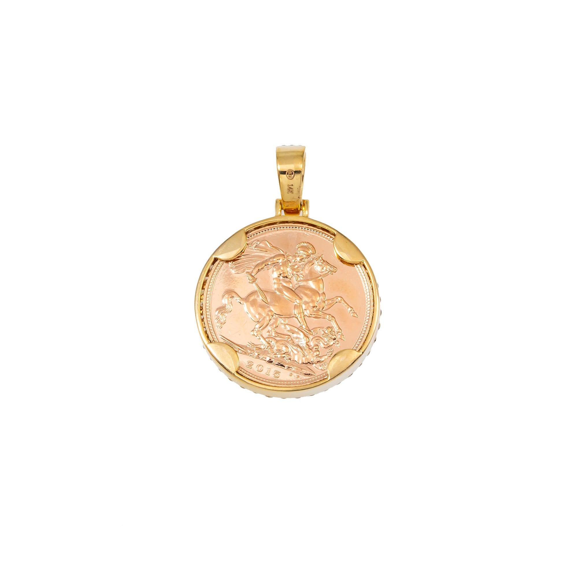 14K GOLD DIAMOND BRITISH SOVEREIGN COIN PENDANT 0.85 CT