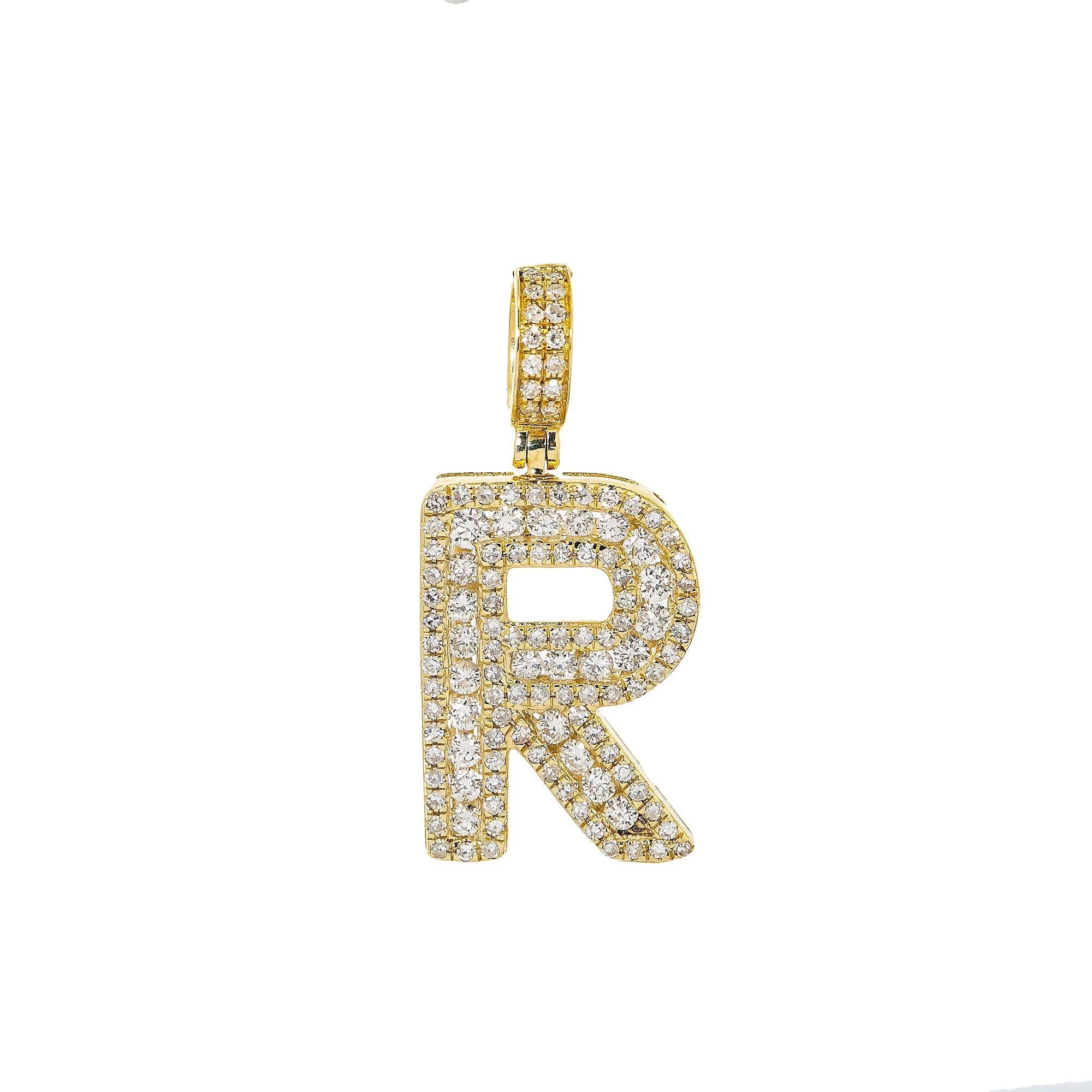 10K YELLOW GOLD UNISEX LETTER R PENDANT WITH 0.75 CT DIAMONDS