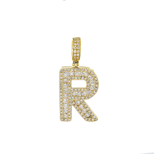 10K YELLOW GOLD UNISEX LETTER R PENDANT WITH 0.75 CT DIAMONDS