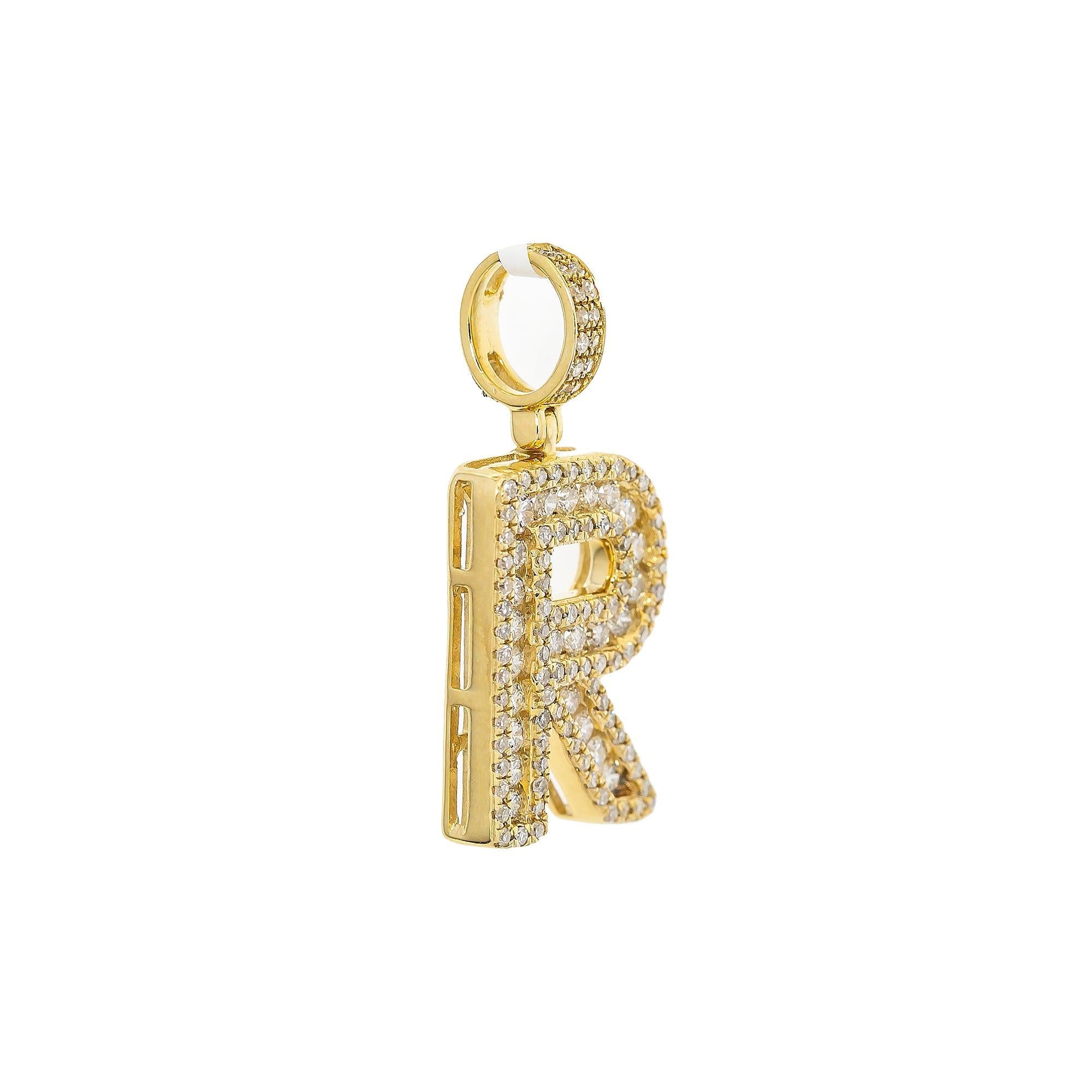 10K YELLOW GOLD UNISEX LETTER R PENDANT WITH 0.75 CT DIAMONDS