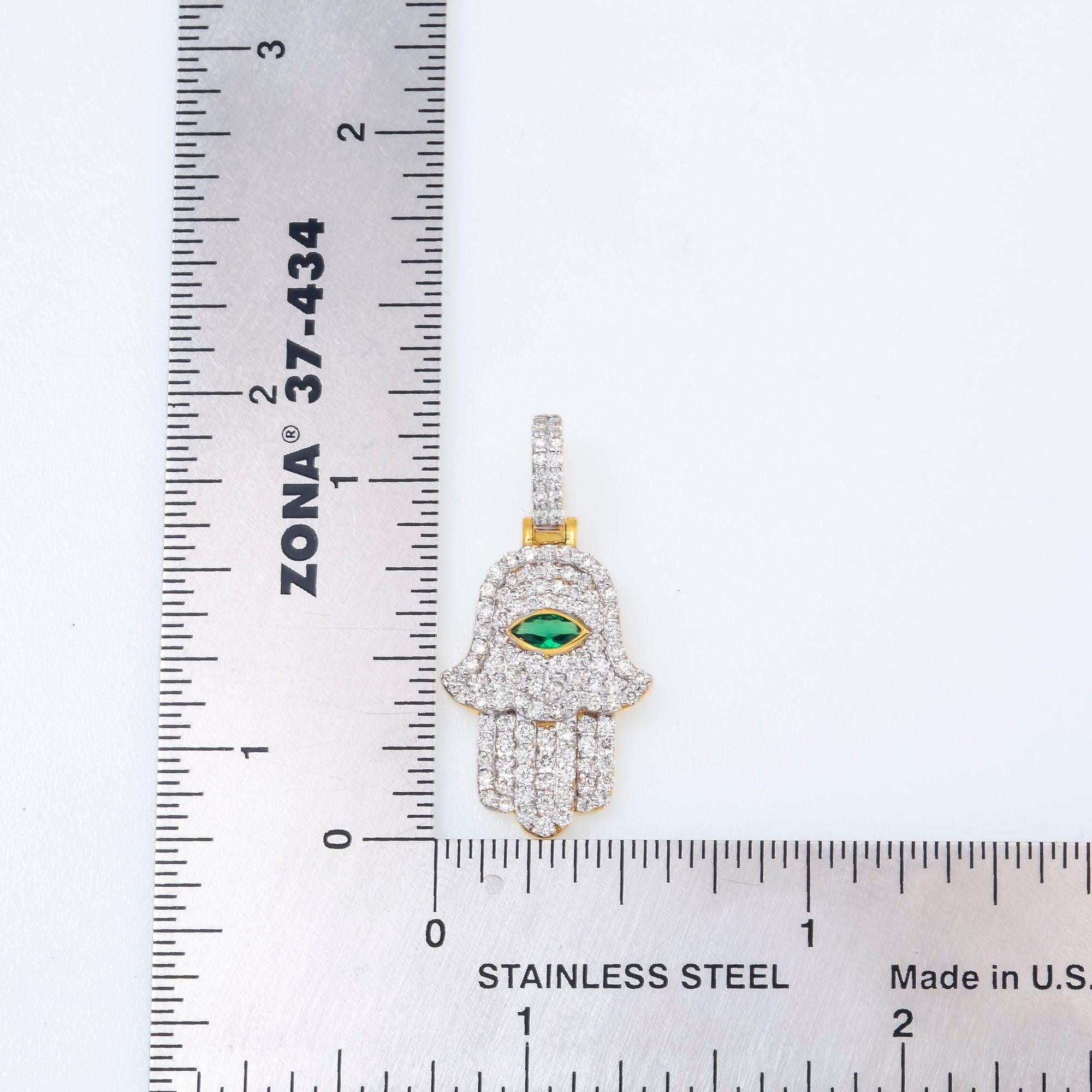 10K GOLD DIAMOND HAMSA WITH GREEN EMERALD PENDANT 1.15 CTW