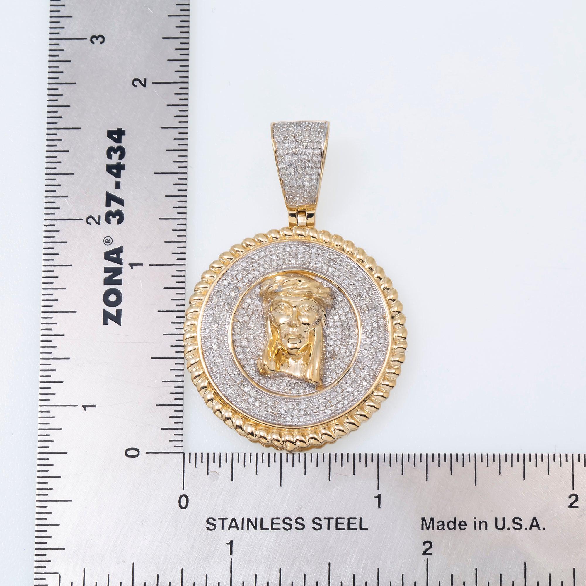10K GOLD DIAMOND JESUS MEDALLION WITH ROPE BORDER PENDANT 1.00 CT
