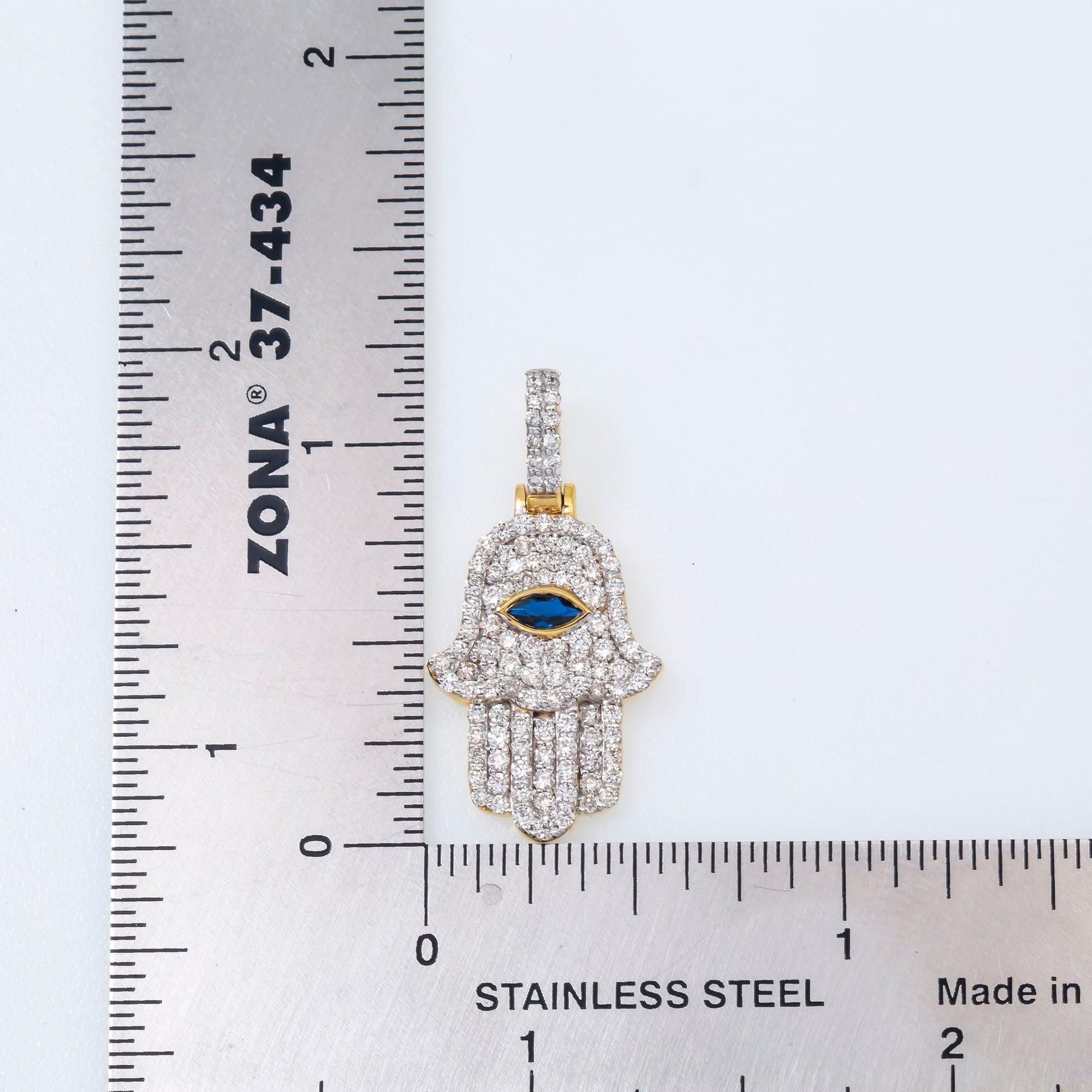 10K GOLD DIAMOND HAMSA WITH BLUE SAPPHIRE PENDANT 1.15 CTW