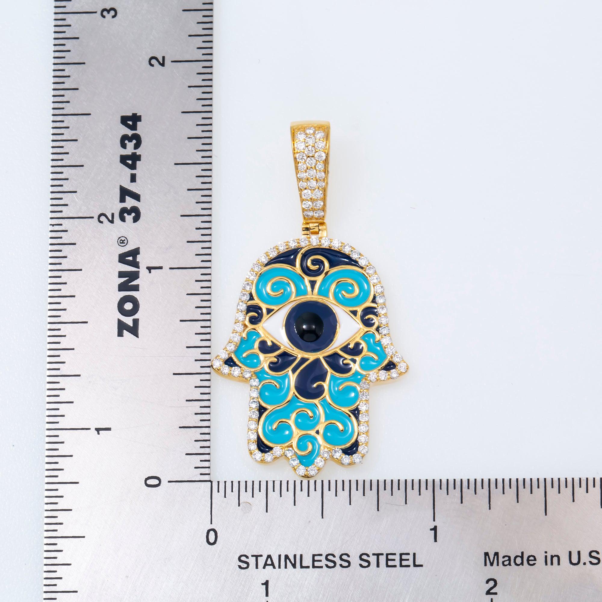 14K GOLD DIAMOND HAMSA WITH BLUE AND TURQUOISE PENDANT 0.65 CT