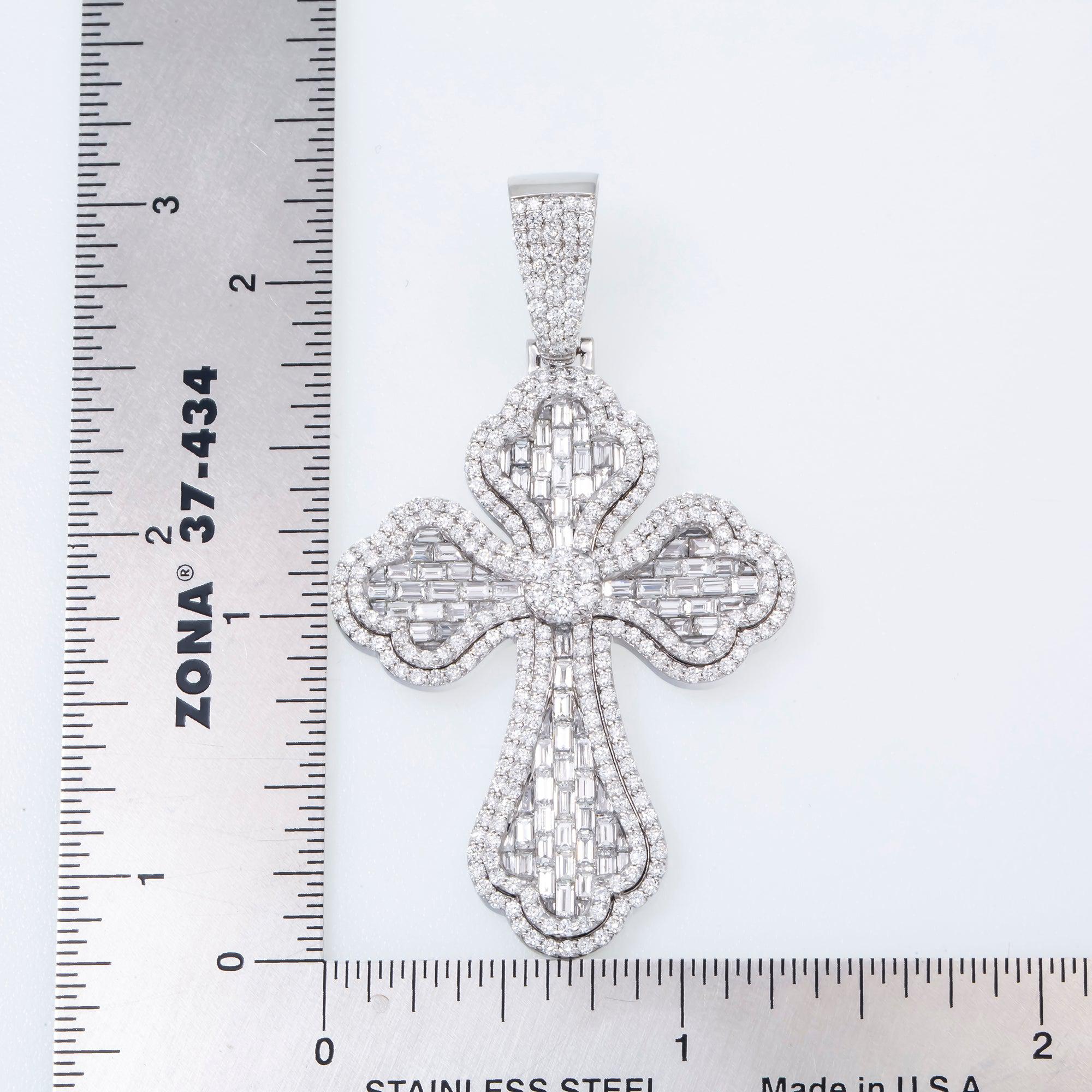 14K GOLD BAGUETTE DIAMOND INVERTED 3D FLEUR DE LIS CROSS PENDANT 5.20 CT