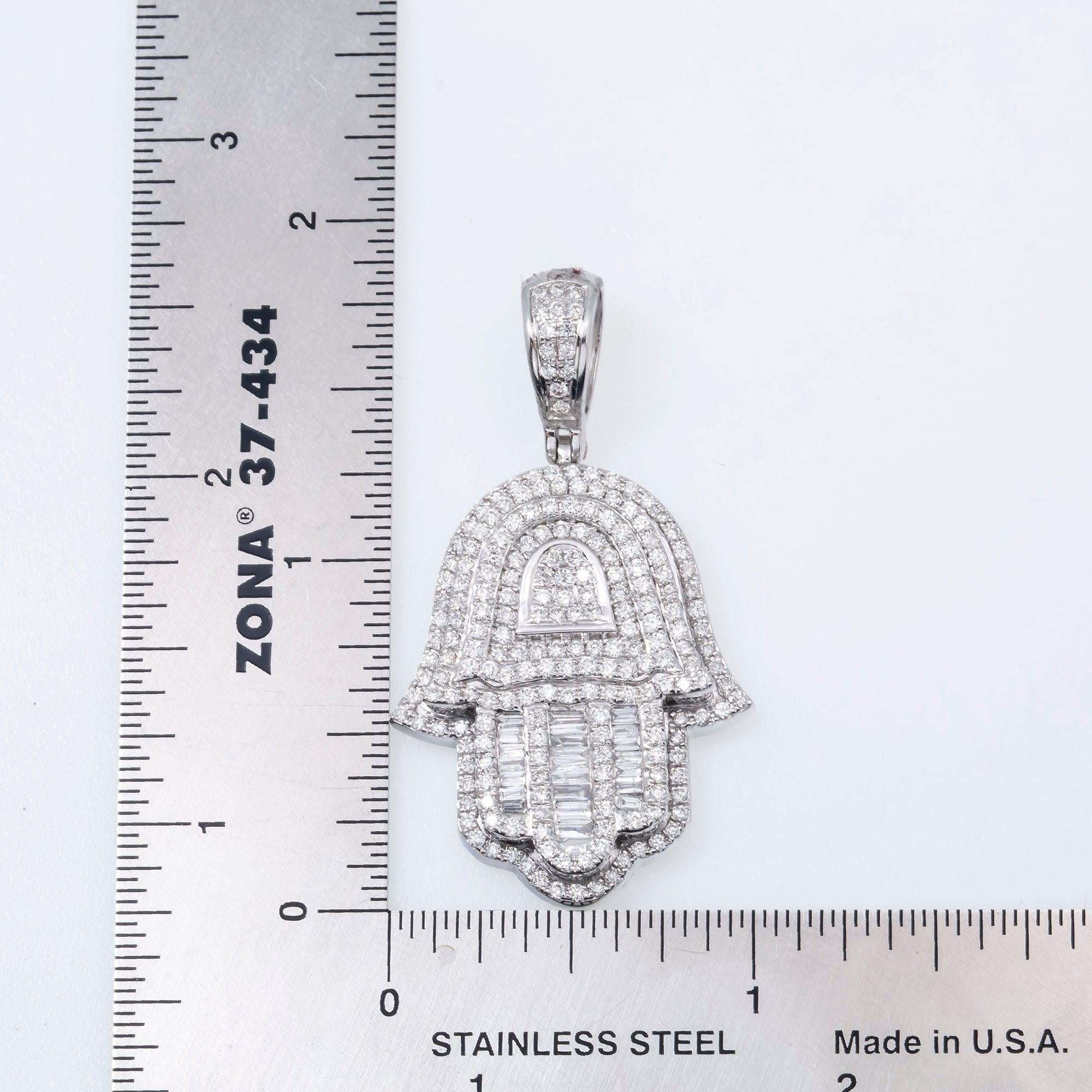 14K GOLD BAGUETTE DIAMOND HAMSA PENDANT 2.65 CT