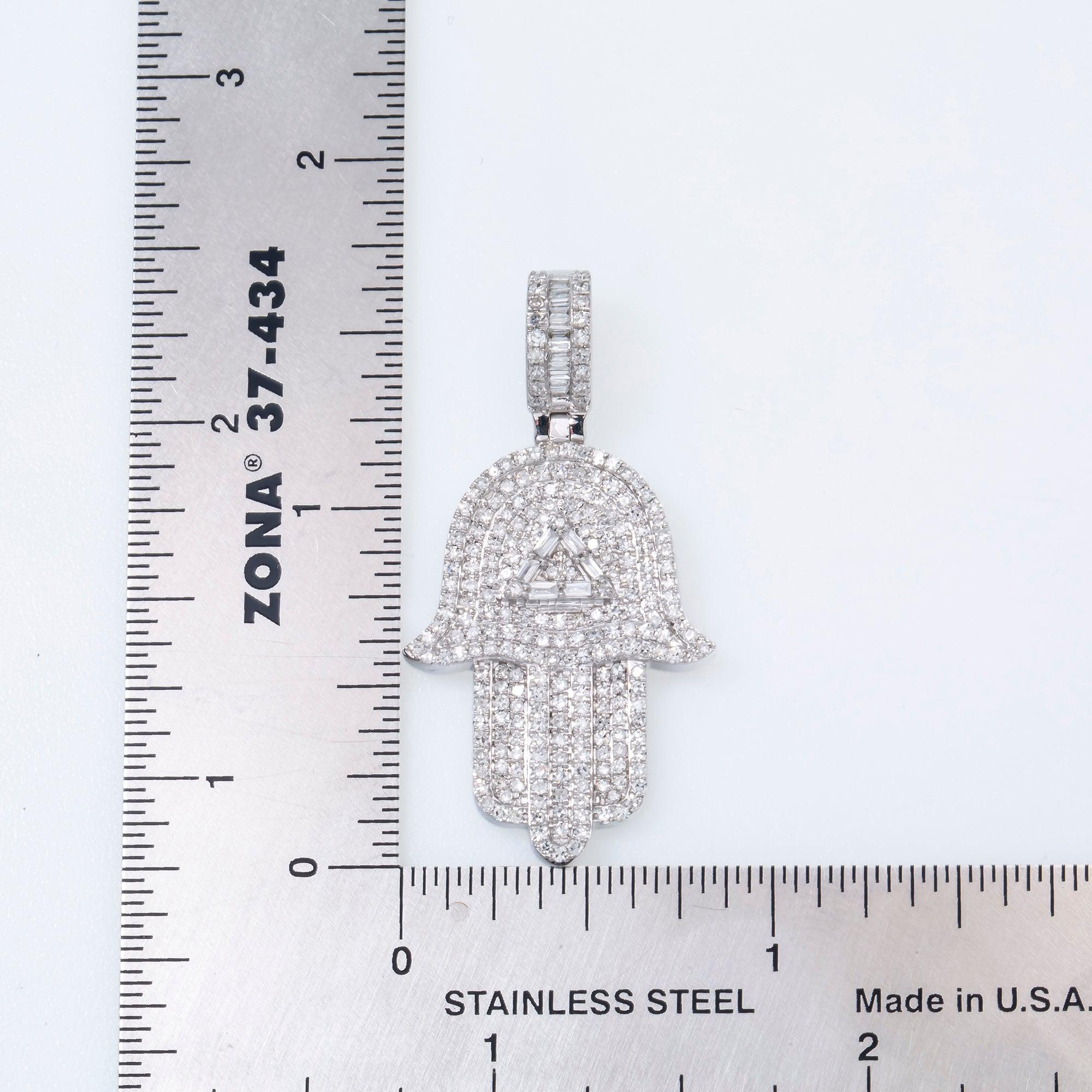 14K GOLD BAGUETTE DIAMOND HAMSA WITH TRIANGLE PENDANT 1.45 CT
