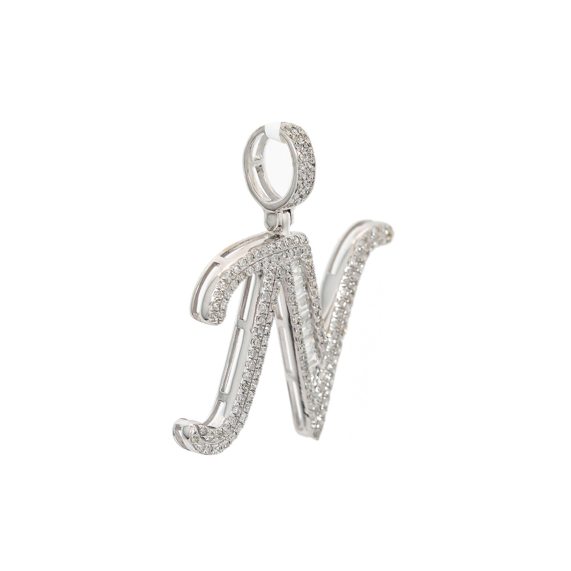 10K WHITE GOLD UNISEX LETTER N PENDANT WITH 0.60 CT DIAMONDS