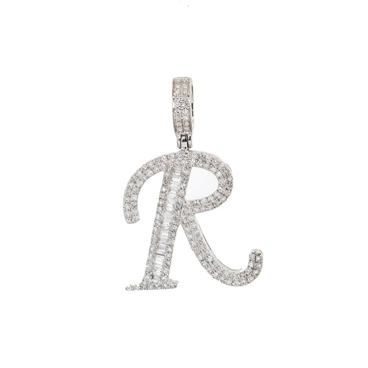 10K WHITE GOLD UNISEX LETTER R PENDANT WITH 0.50 CT DIAMONDS