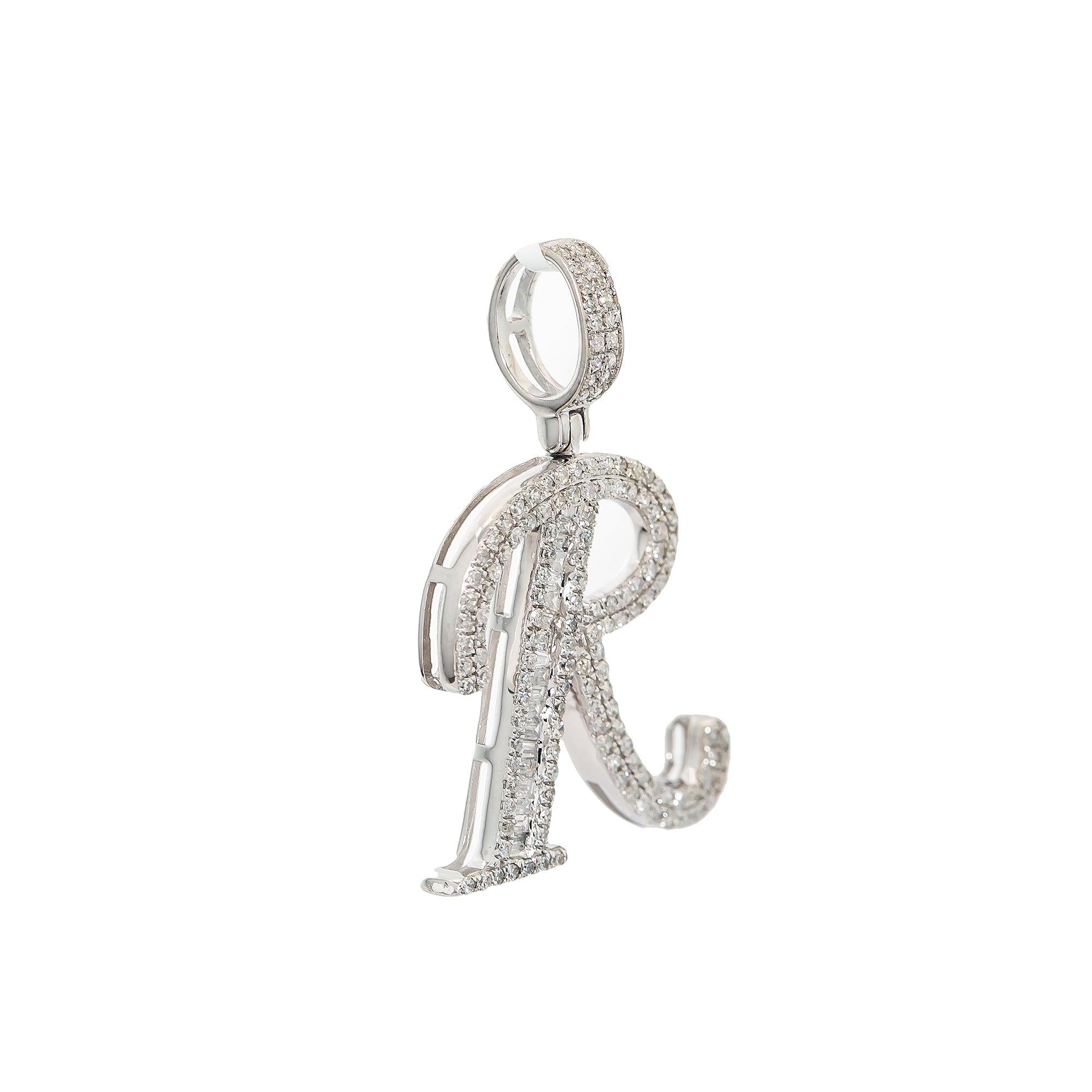 10K WHITE GOLD UNISEX LETTER R PENDANT WITH 0.50 CT DIAMONDS