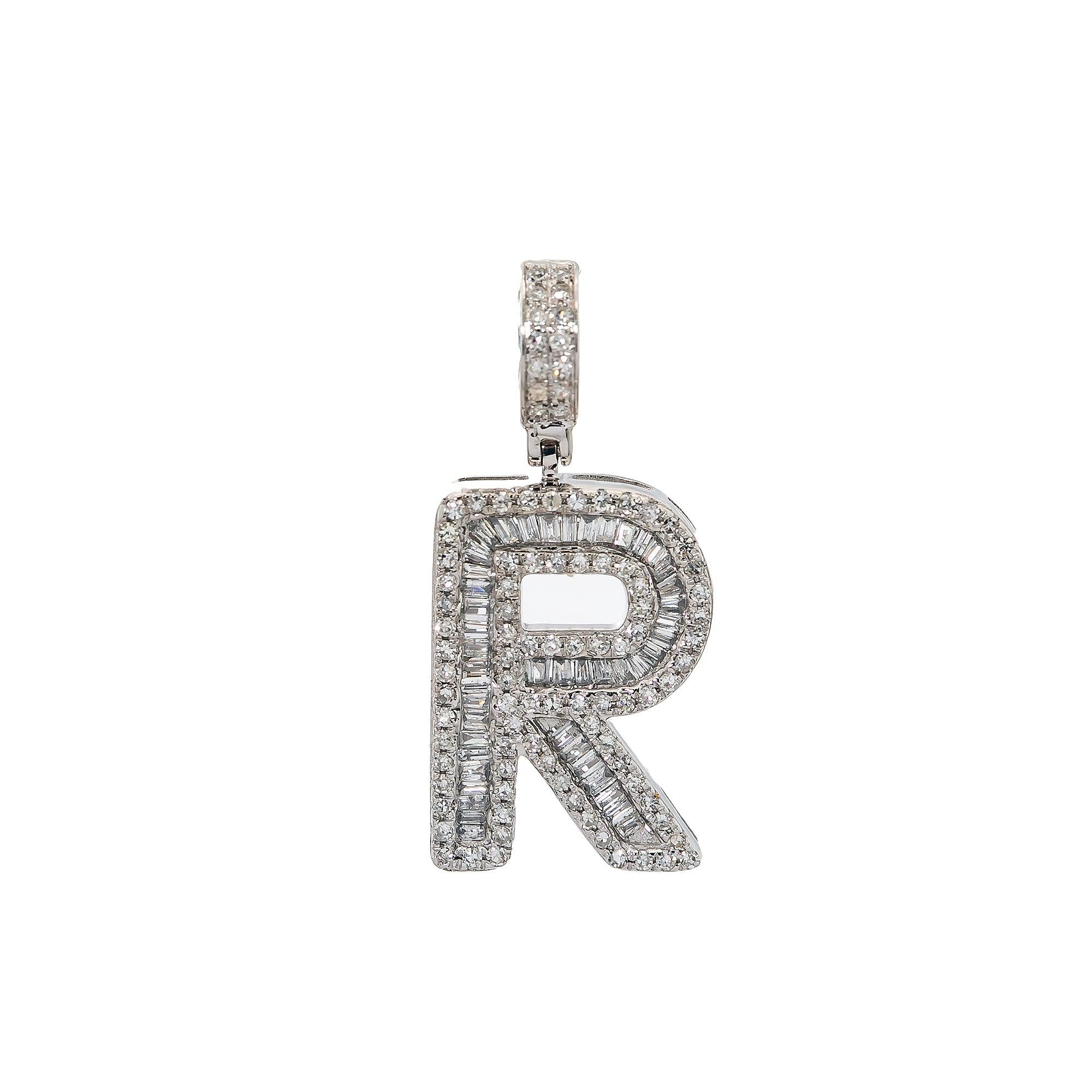 10K WHITE GOLD UNISEX LETTER R PENDANT WITH 0.65 CT DIAMONDS