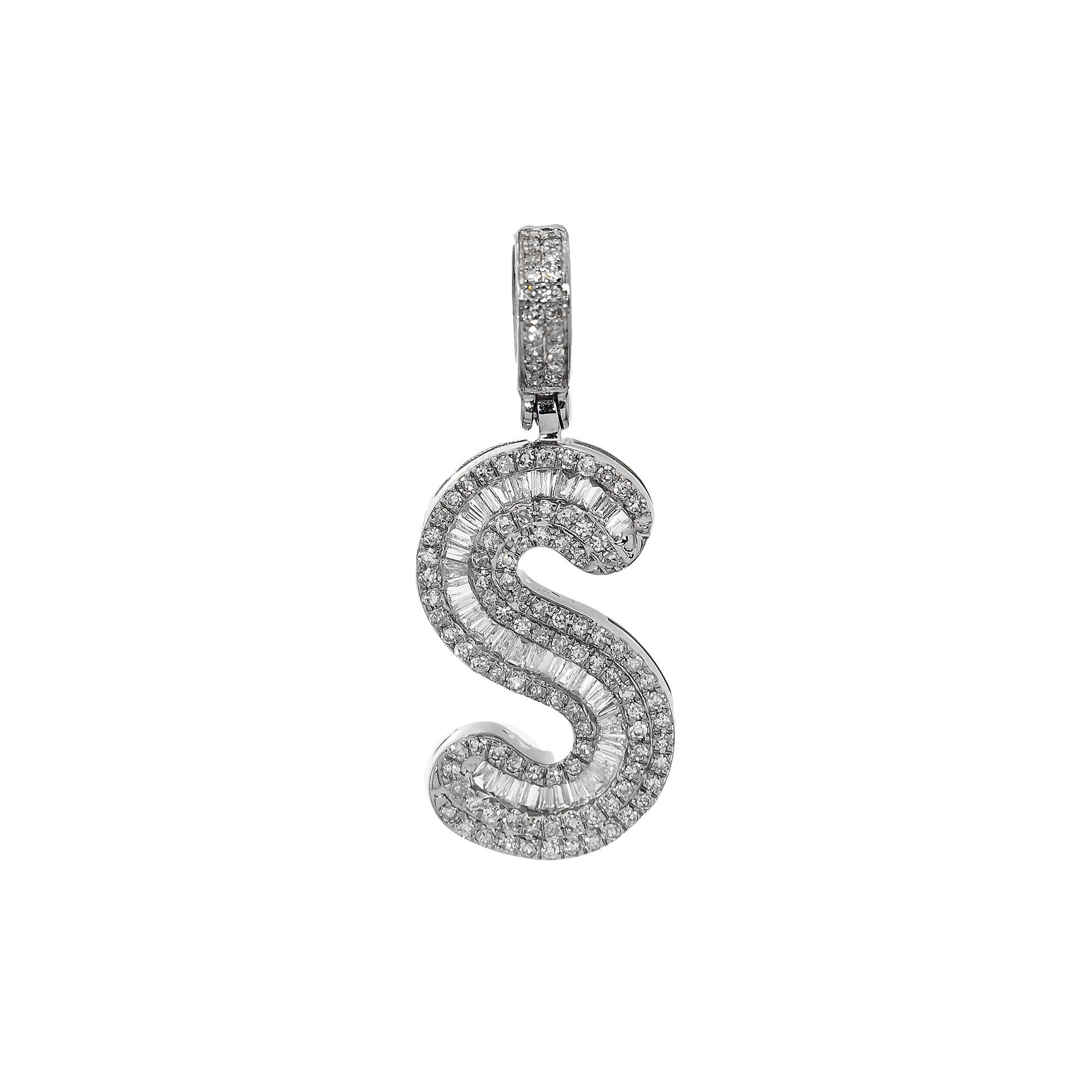 10K WHITE GOLD UNISEX LETTER S PENDANT WITH 1.1 CT BAGUETTE DIAMONDS
