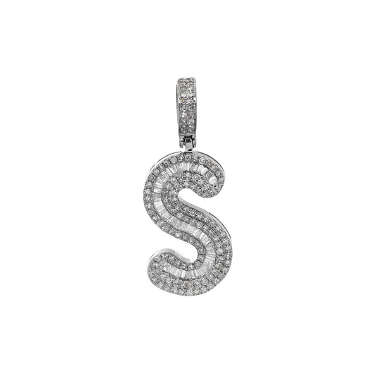 10K WHITE GOLD UNISEX LETTER S PENDANT WITH 1.1 CT BAGUETTE DIAMONDS