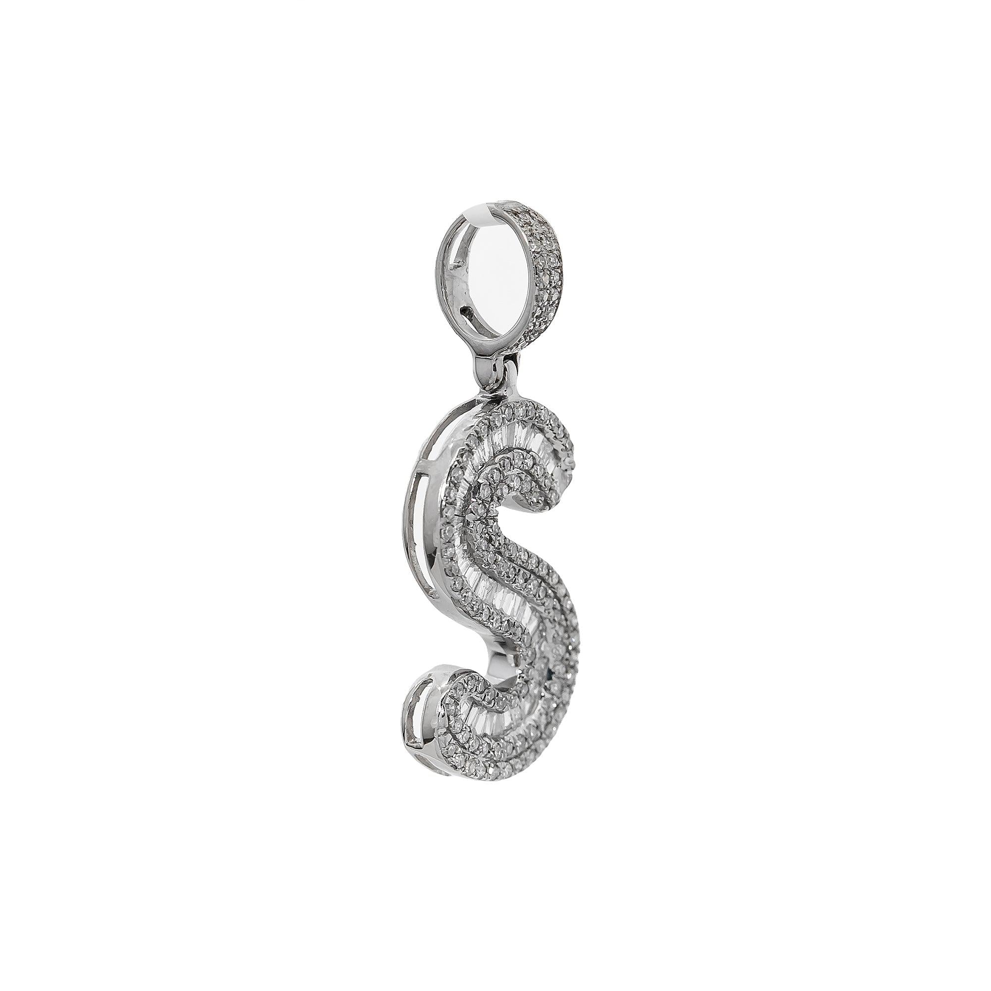 10K WHITE GOLD UNISEX LETTER S PENDANT WITH 1.1 CT BAGUETTE DIAMONDS