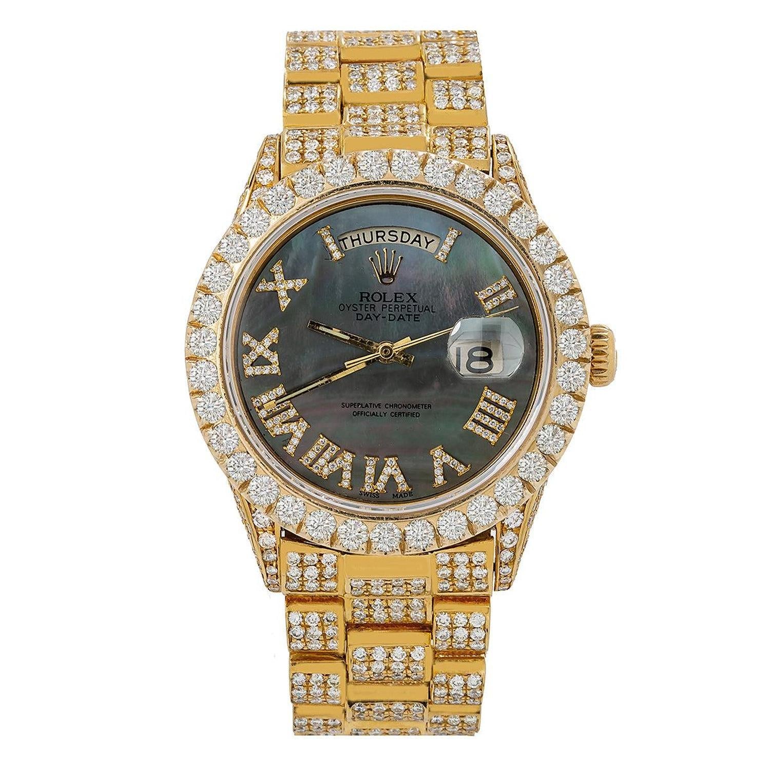 Rolex Day-Date 36MM 18038 Black Mother of Pearl Roman Dial Diamond Bezel 18K Yellow Gold Full Diamond President Bracelet 14.75ct