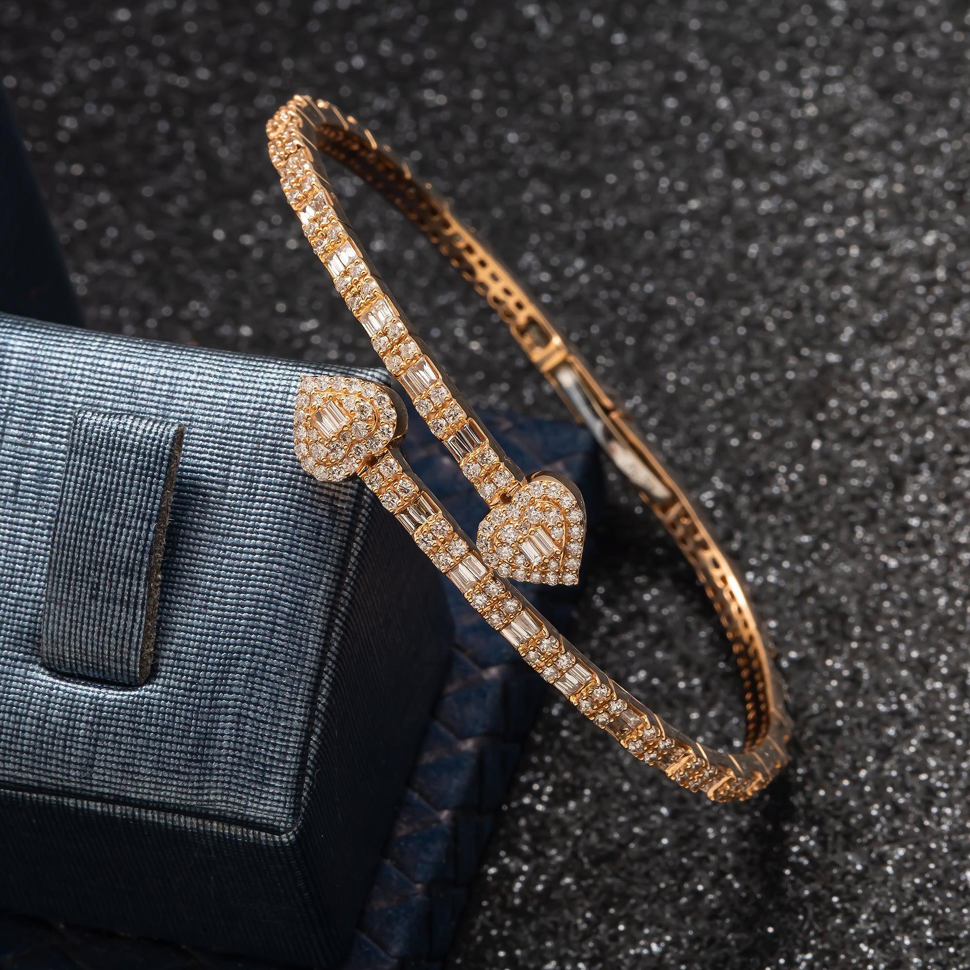 14K GOLD HEART BANGLE BRACELET 2.46 CT DIAMONDS