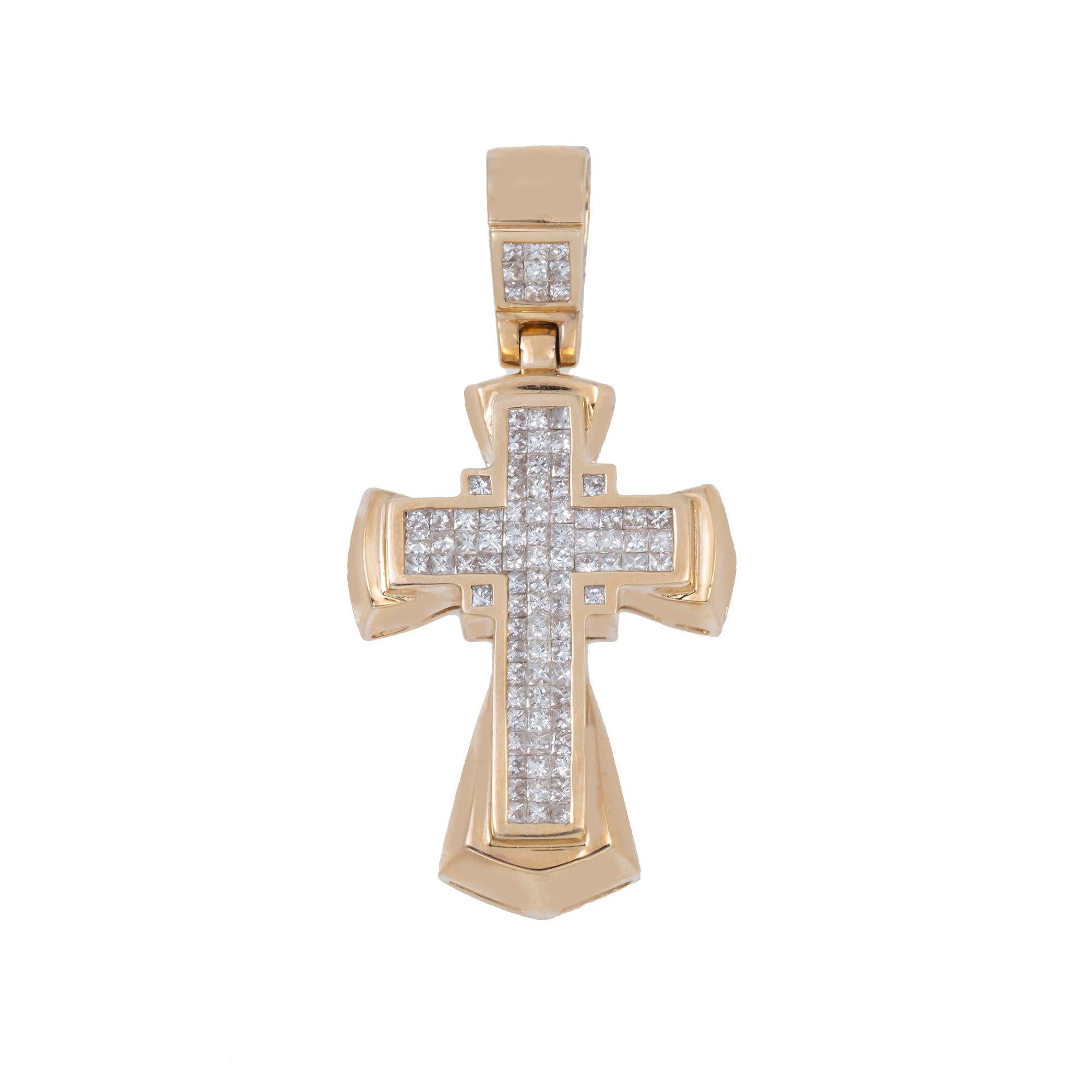14K GOLD INVISIBLE PRINCESS DIAMOND CROSS PENDANT 1.35 CT