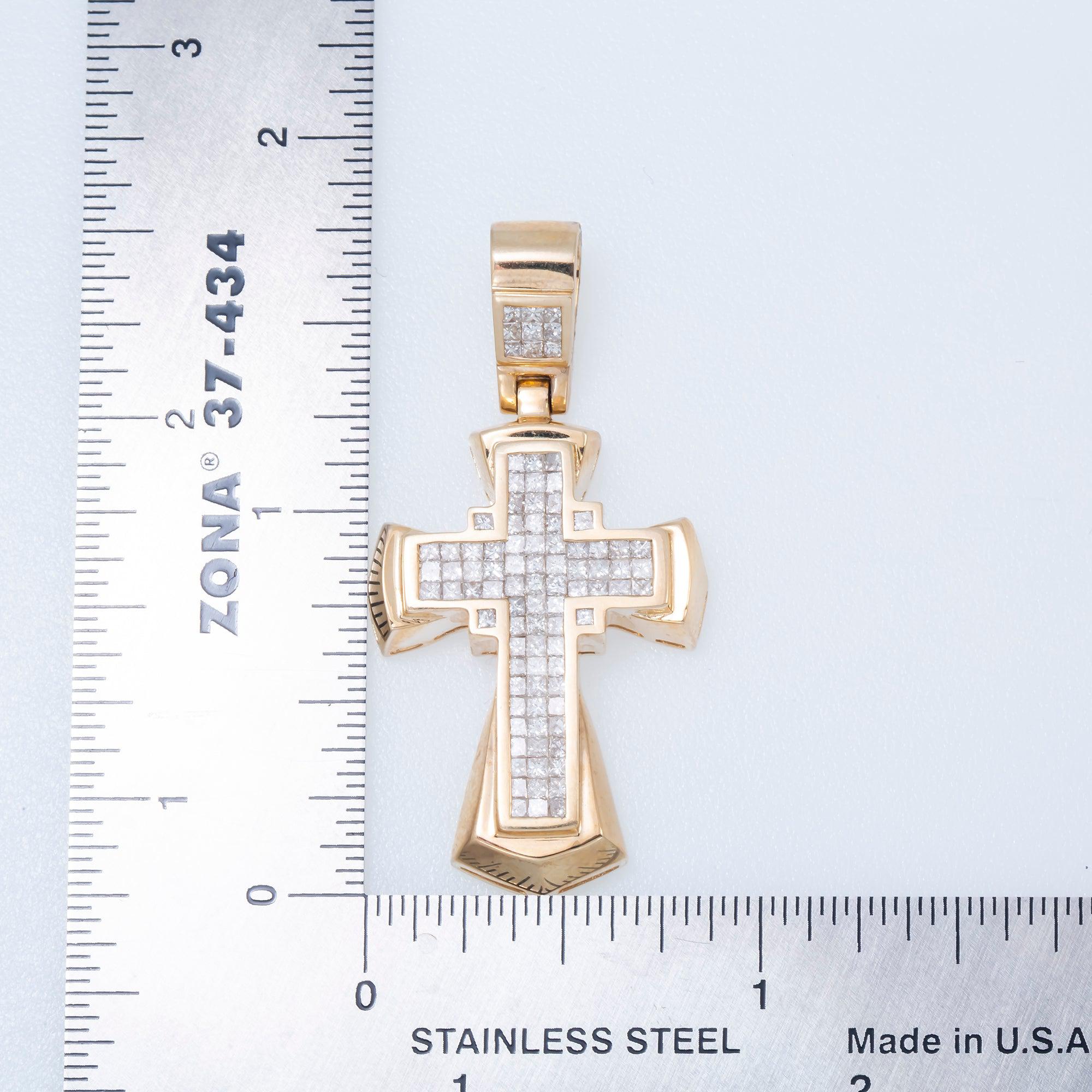 14K GOLD INVISIBLE PRINCESS DIAMOND CROSS PENDANT 1.35 CT