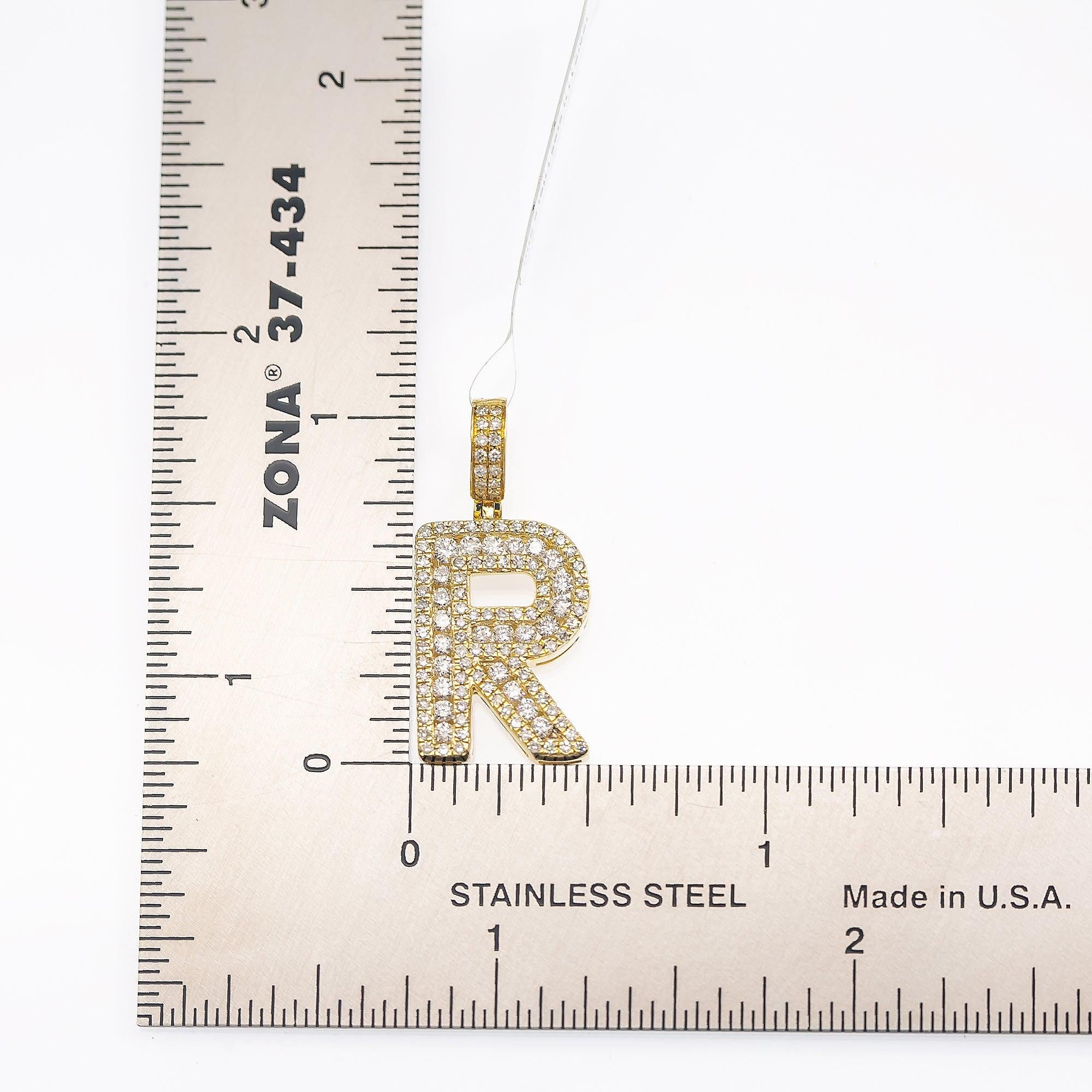 10K YELLOW GOLD UNISEX LETTER R PENDANT WITH 0.75 CT DIAMONDS