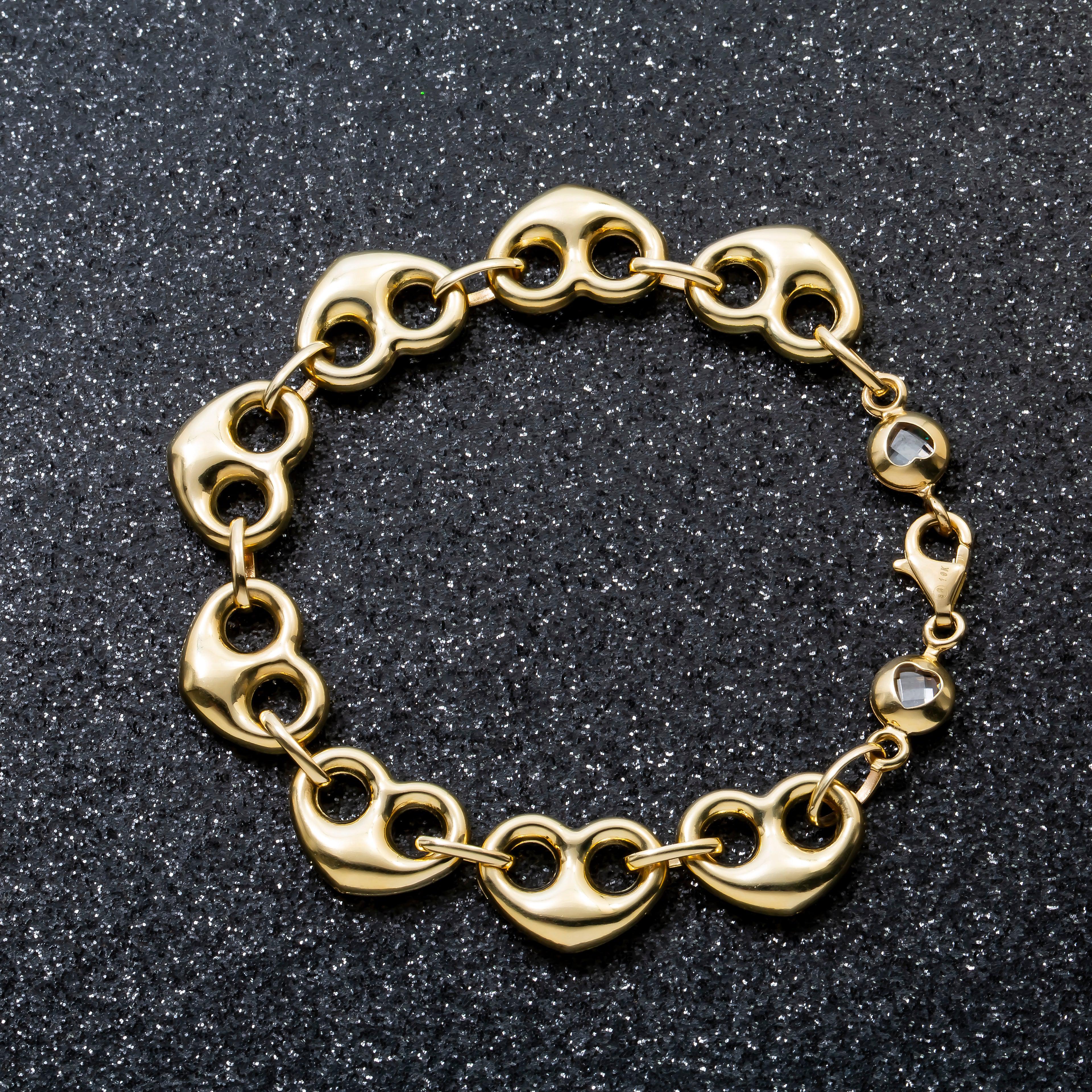 10K GOLD HOLLOW PUFFED HEART SHAPE LINK BRACELET