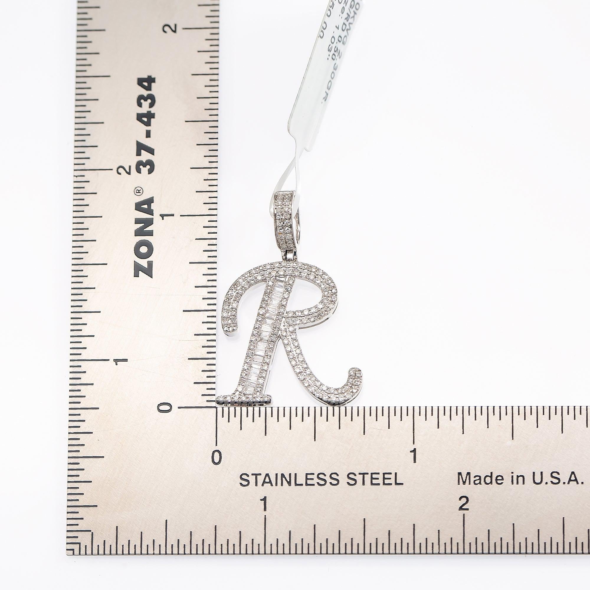 10K WHITE GOLD UNISEX LETTER R PENDANT WITH 0.50 CT DIAMONDS