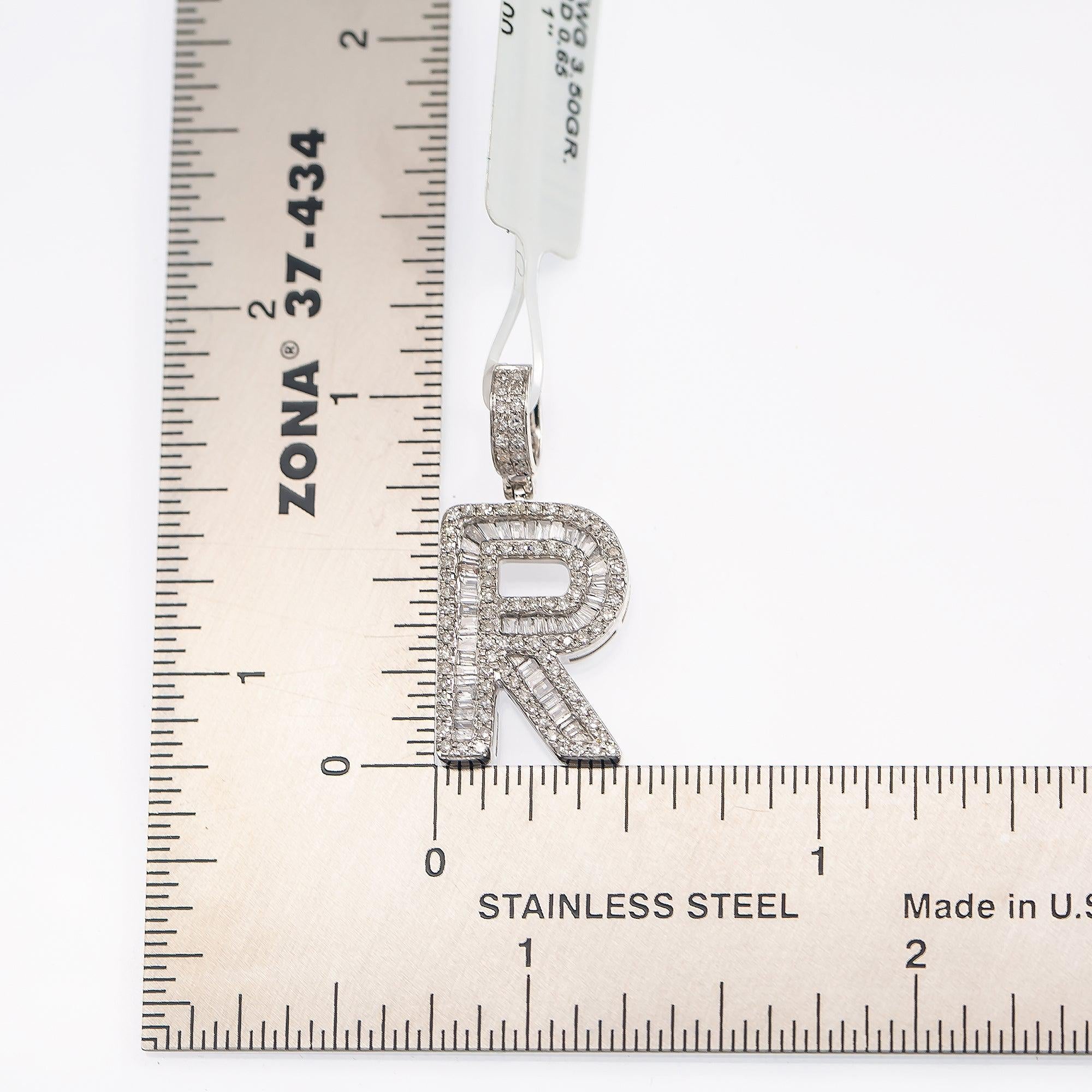 10K WHITE GOLD UNISEX LETTER R PENDANT WITH 0.65 CT DIAMONDS
