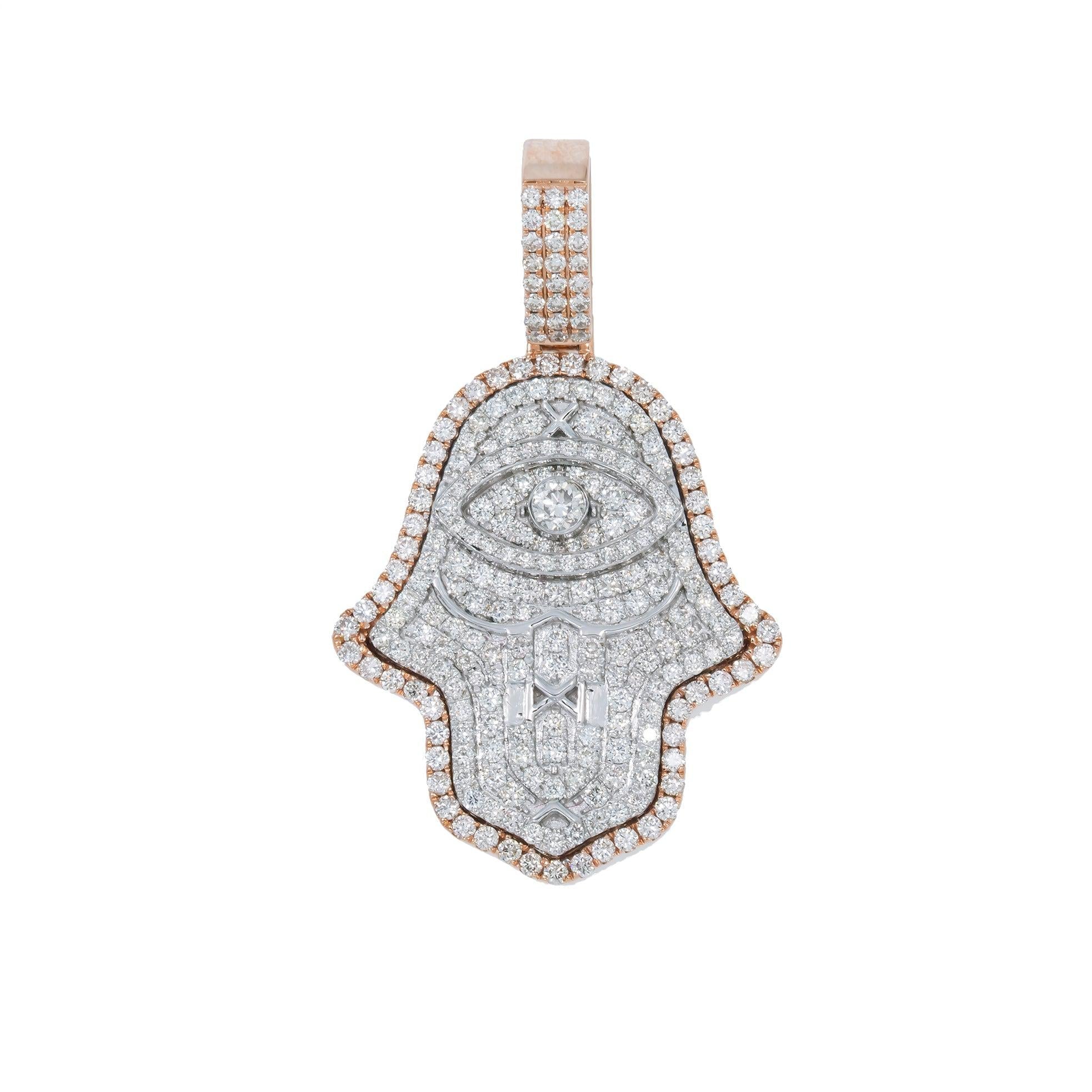 14K GOLD DIAMOND TWO TONE HAMSA PENDANT 2.85 CT