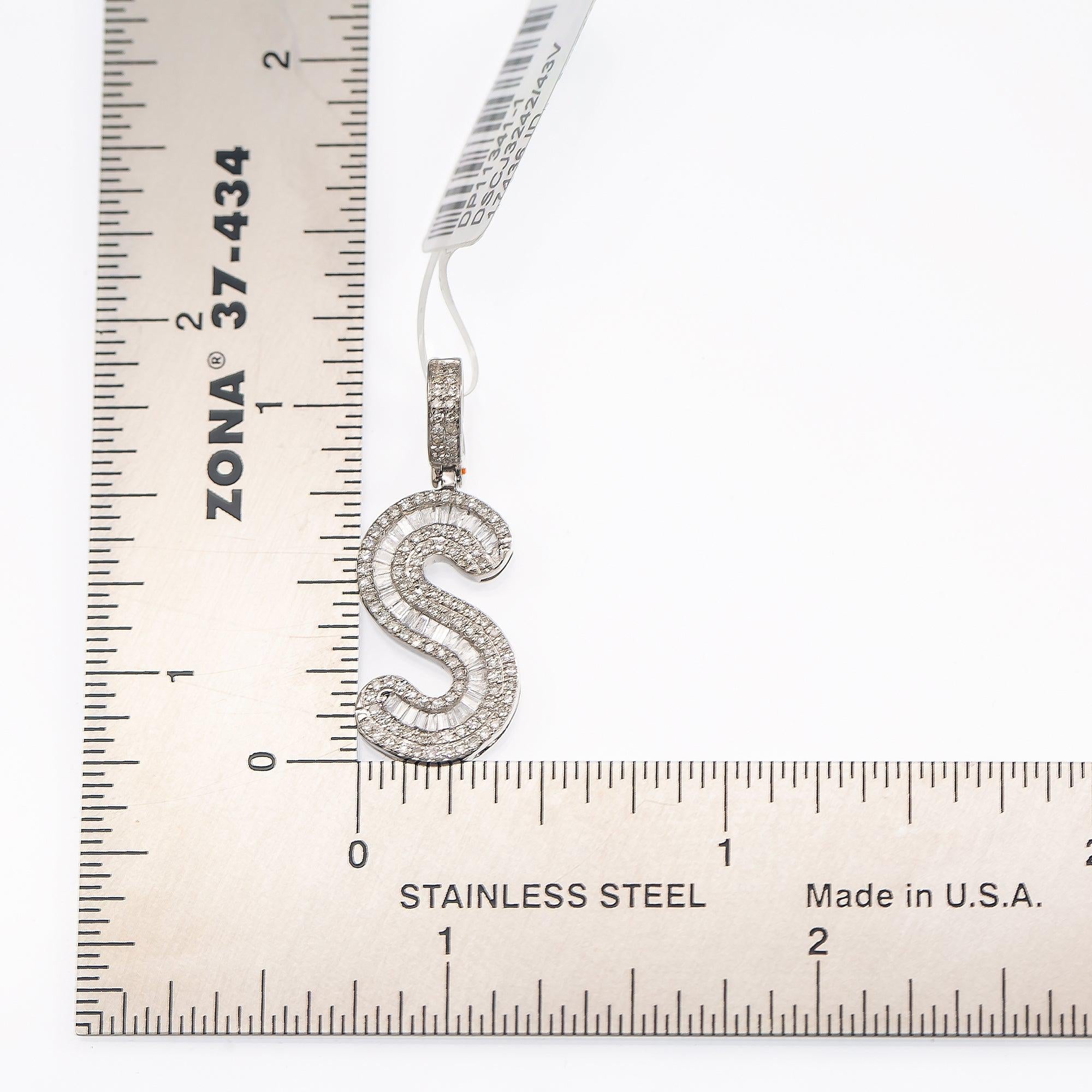 10K WHITE GOLD UNISEX LETTER S PENDANT WITH 1.1 CT BAGUETTE DIAMONDS