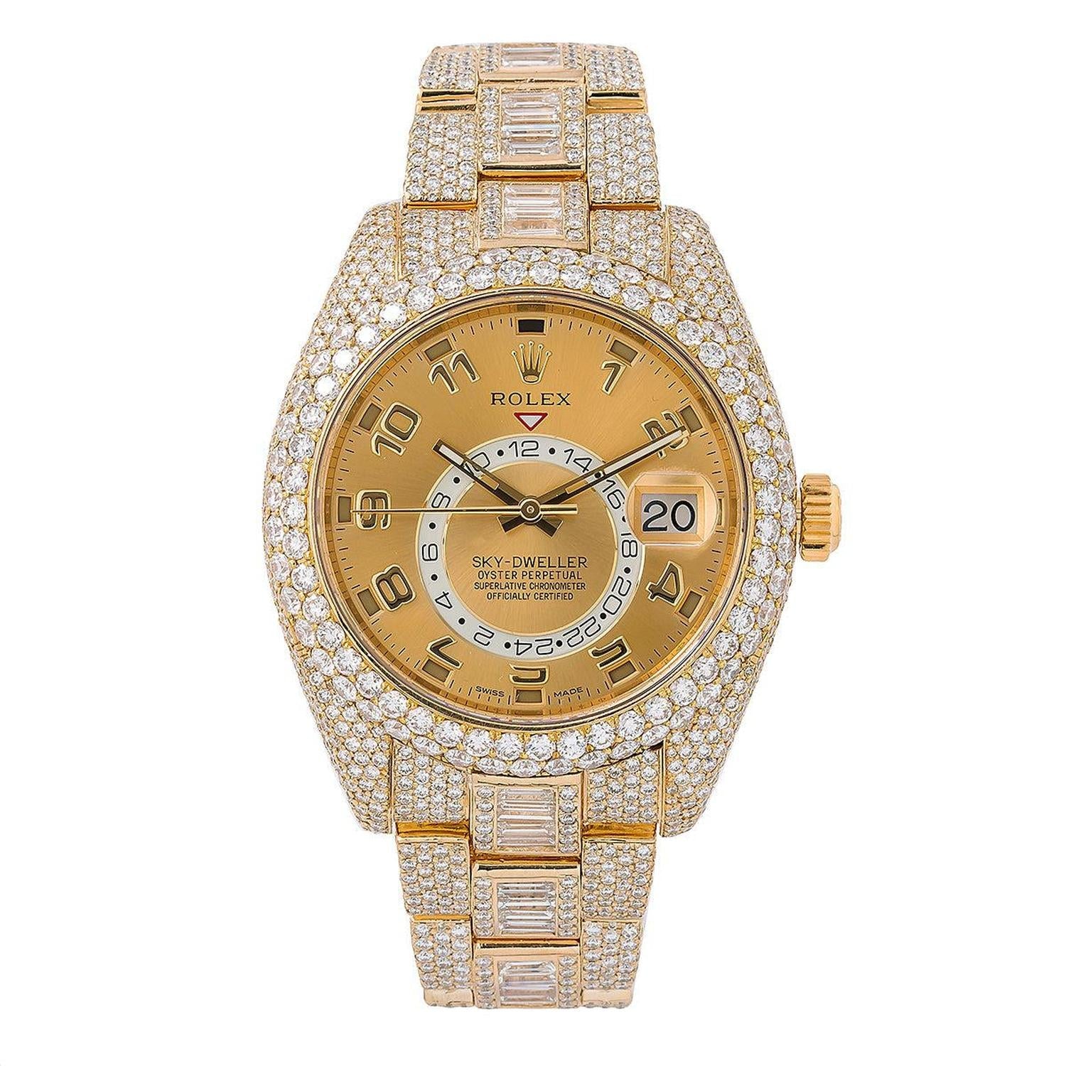 Rolex Sky-Dweller 42MM 326938 Champagne Dial Diamond Bezel Yellow Gold Full Diamond Oyster Bracelet 31ct