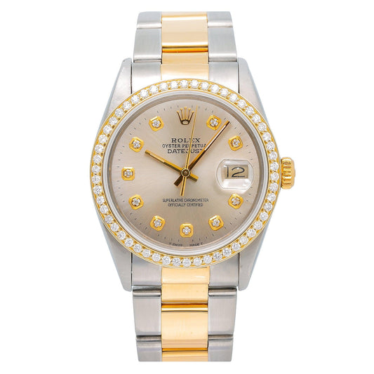 ROLEX DATEJUST 16013 36MM SILVER DIAMOND DIAL WITH TWO TONE OYSTER BRACELET
