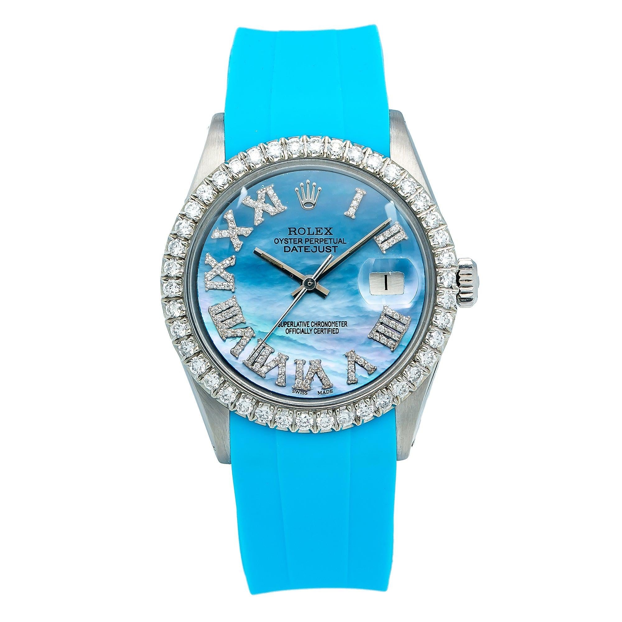 Rolex Datejust 1601 36MM Blue Roman Diamond Dial With Rubber Blue Band