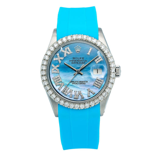 Rolex Datejust 1601 36MM Blue Roman Diamond Dial With Rubber Blue Band