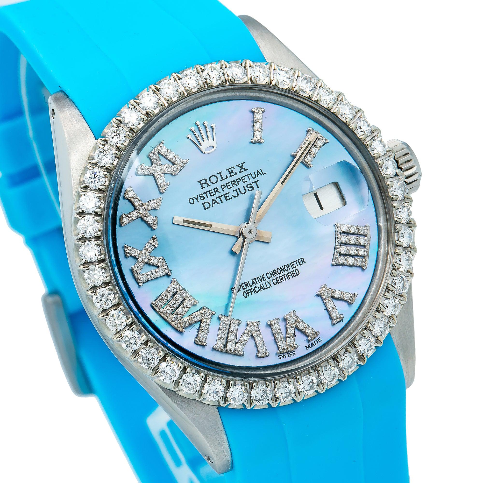 Rolex Datejust 1601 36MM Blue Roman Diamond Dial With Rubber Blue Band