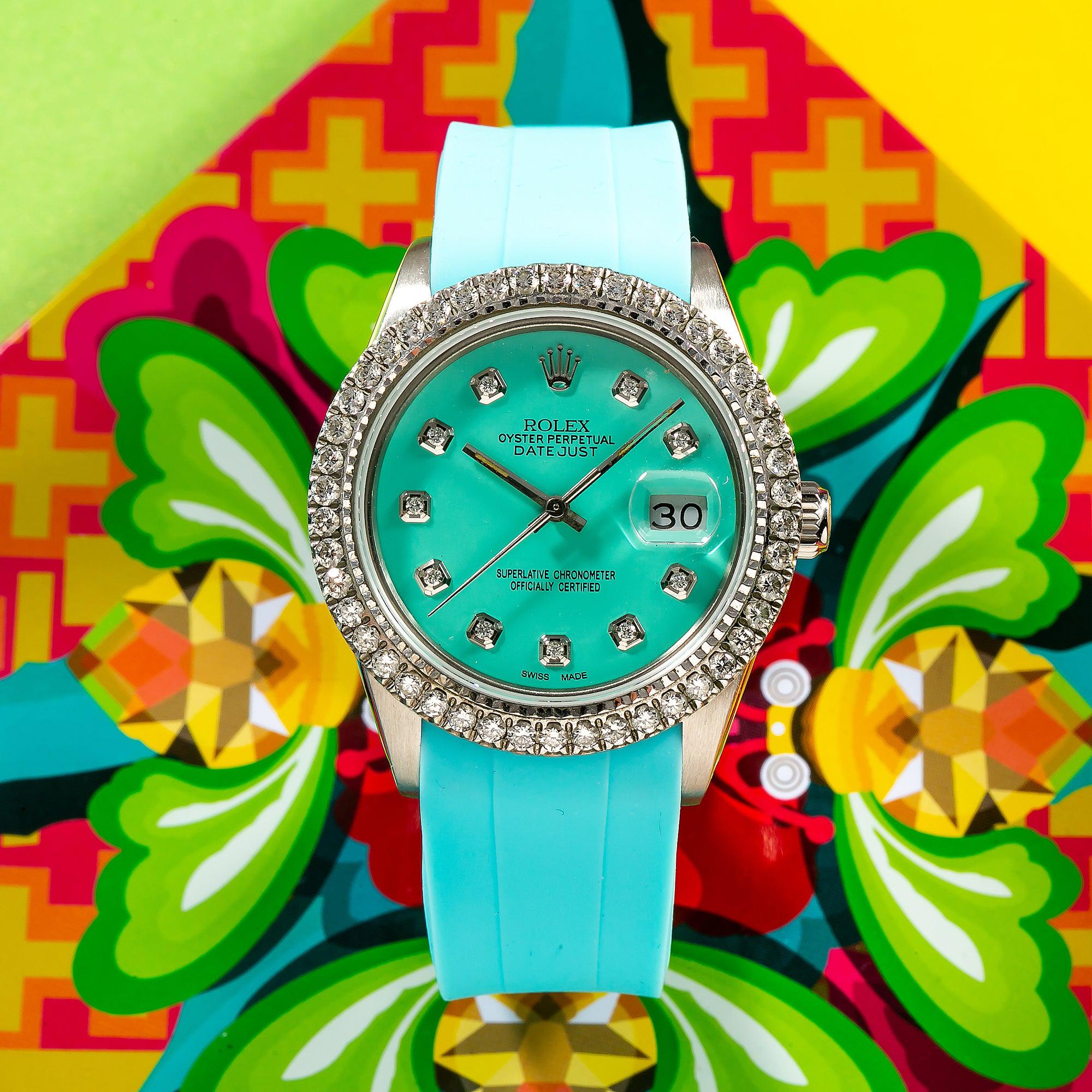 Rolex Datejust 16014 36MM Turquoise Diamond Dial With Rubber Bracelet