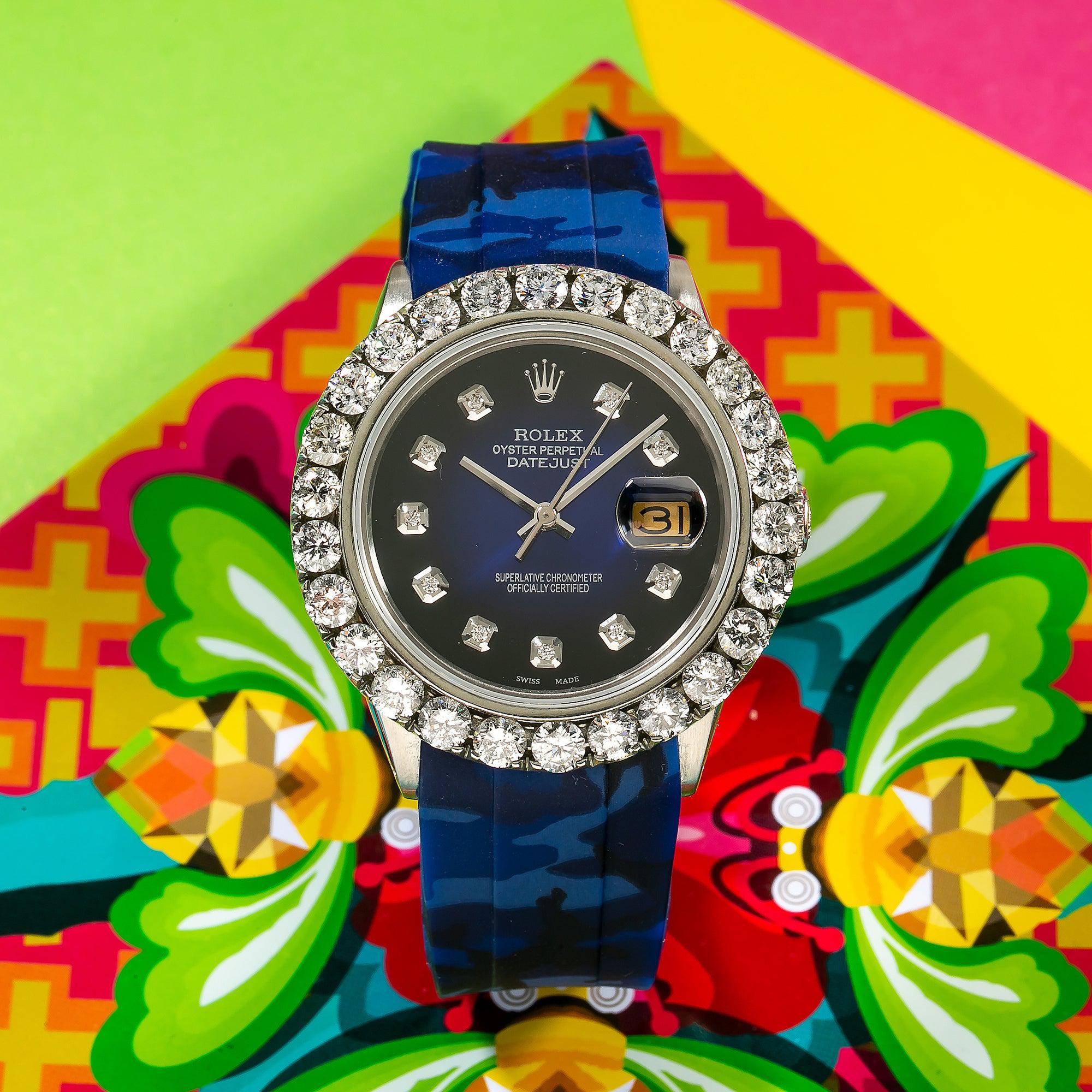 Rolex Datejust 16014 36MM Black Diamond Dial With Blue Camo Rubber Bracelet