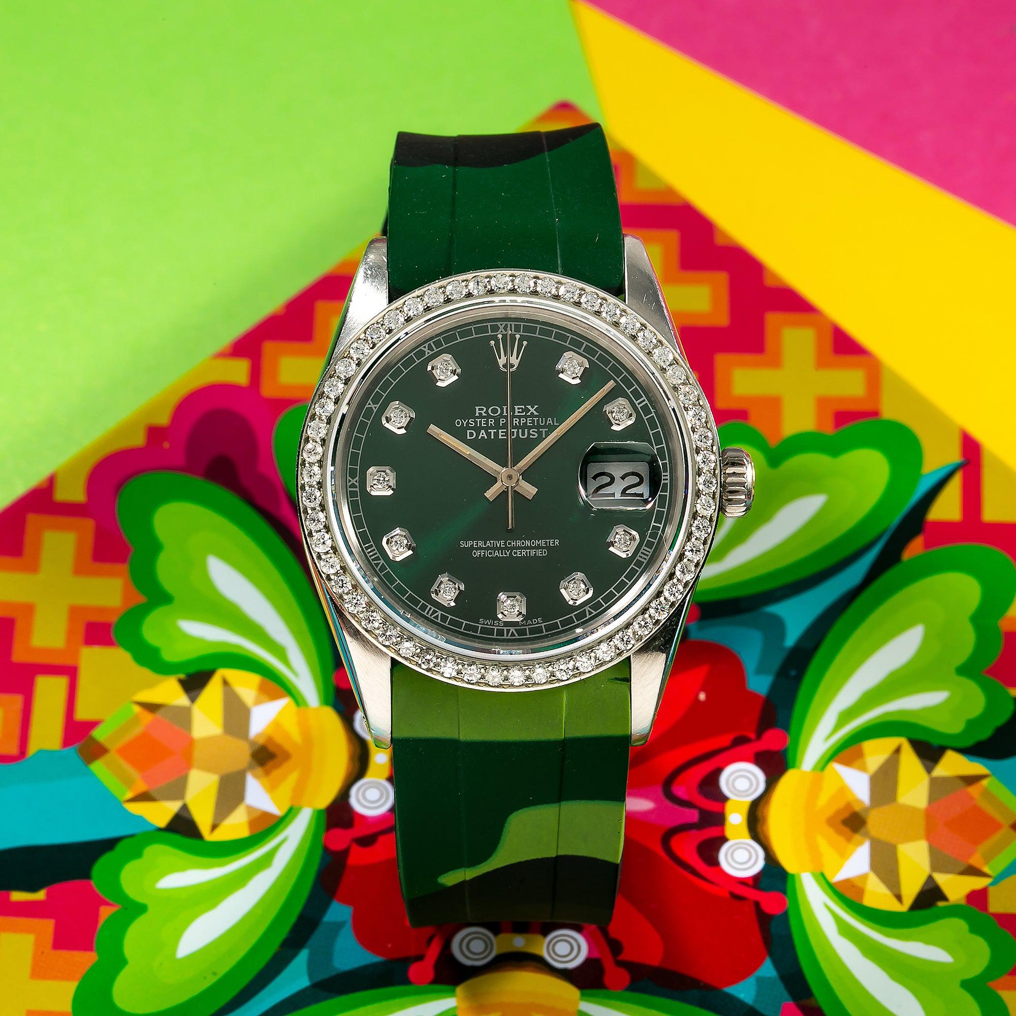 Rolex Datejust 16014 36MM Green Diamond Dial With Rubber Camo Bracelet