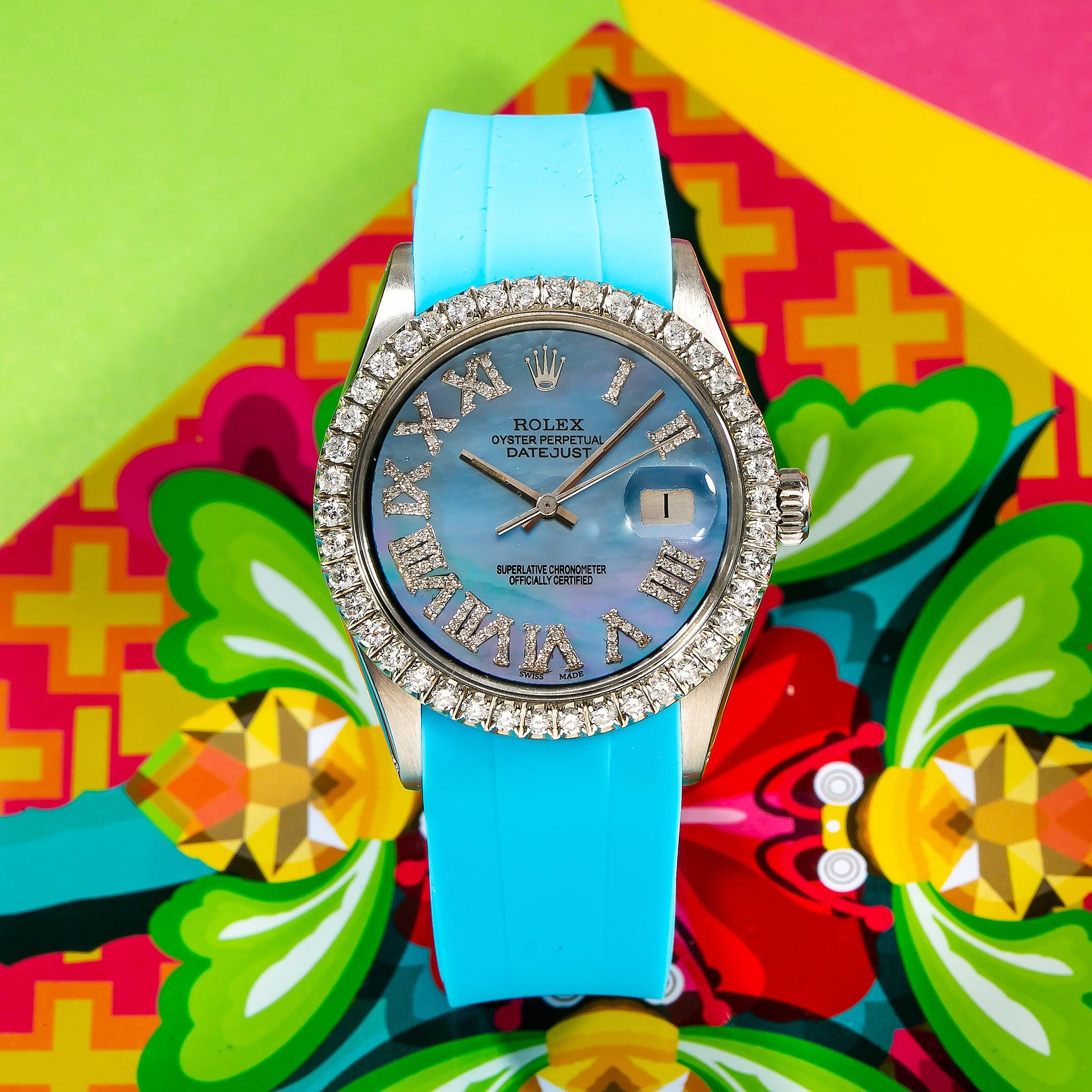 Rolex Datejust 1601 36MM Blue Roman Diamond Dial With Rubber Blue Band