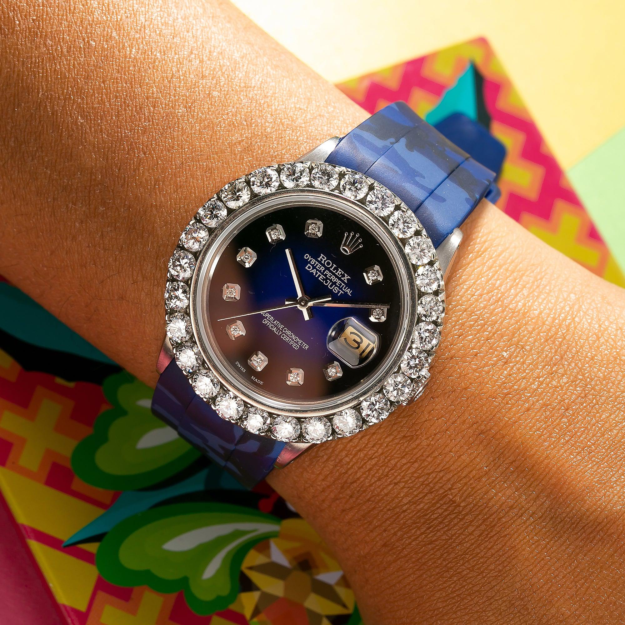 Rolex Datejust 16014 36MM Black Diamond Dial With Blue Camo Rubber Bracelet