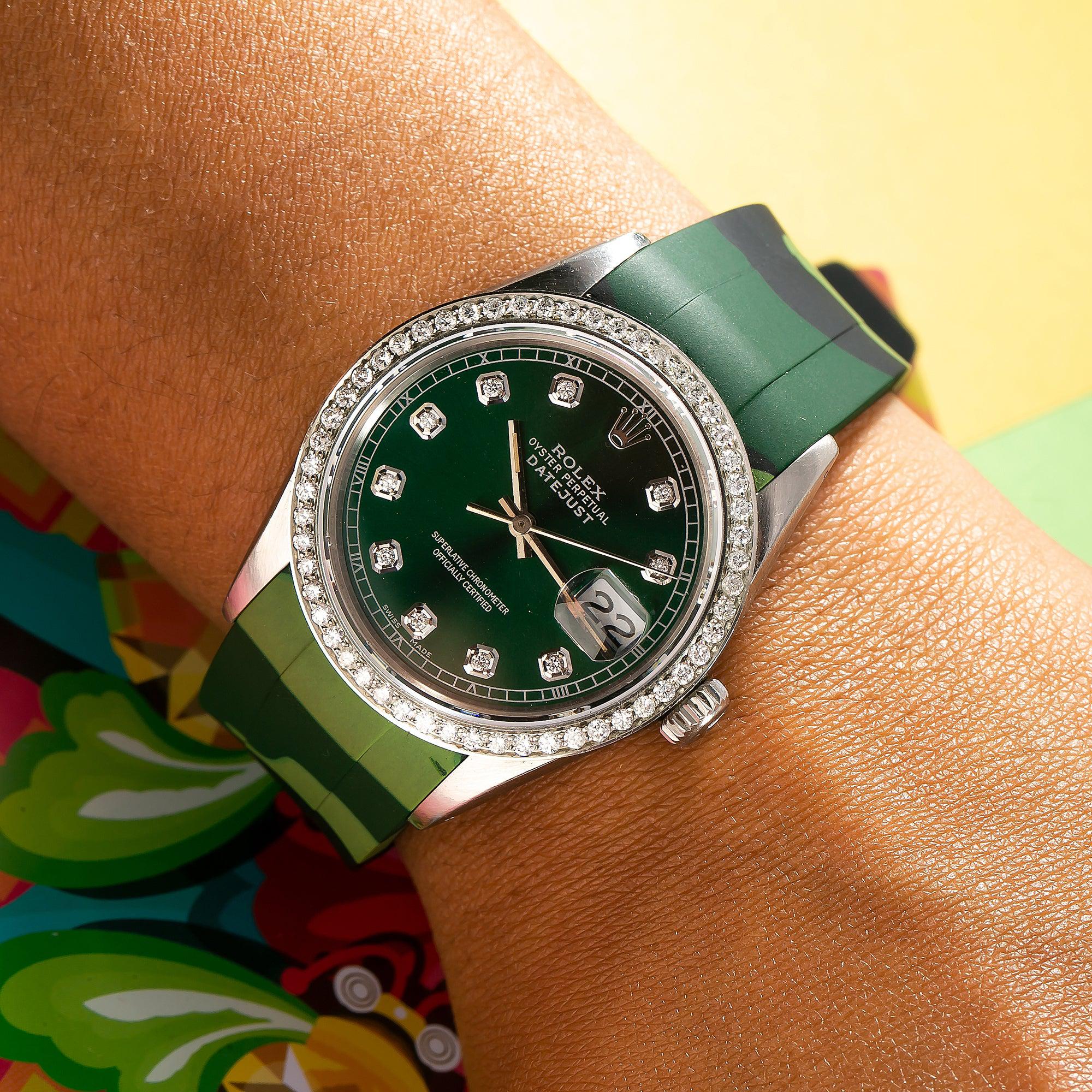 Rolex Datejust 16014 36MM Green Diamond Dial With Rubber Camo Bracelet