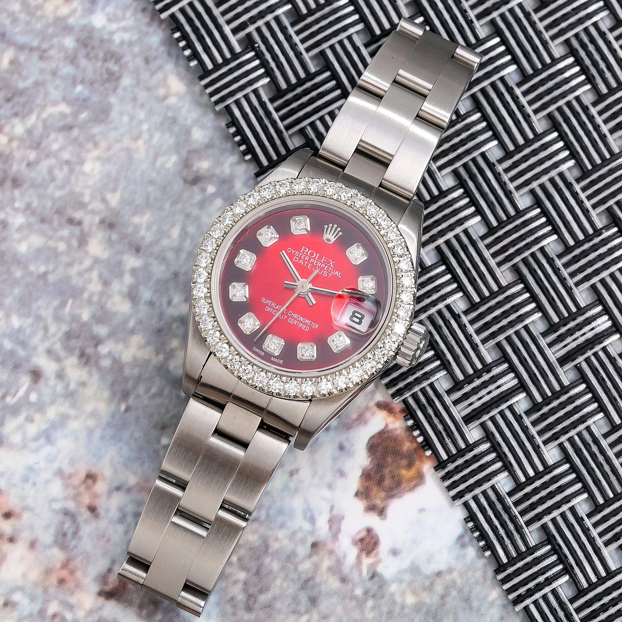 ROLEX DATEJUST 79190 26MM BLACK AND RED DIAMOND DIAL WITH OYSTER BRACELET