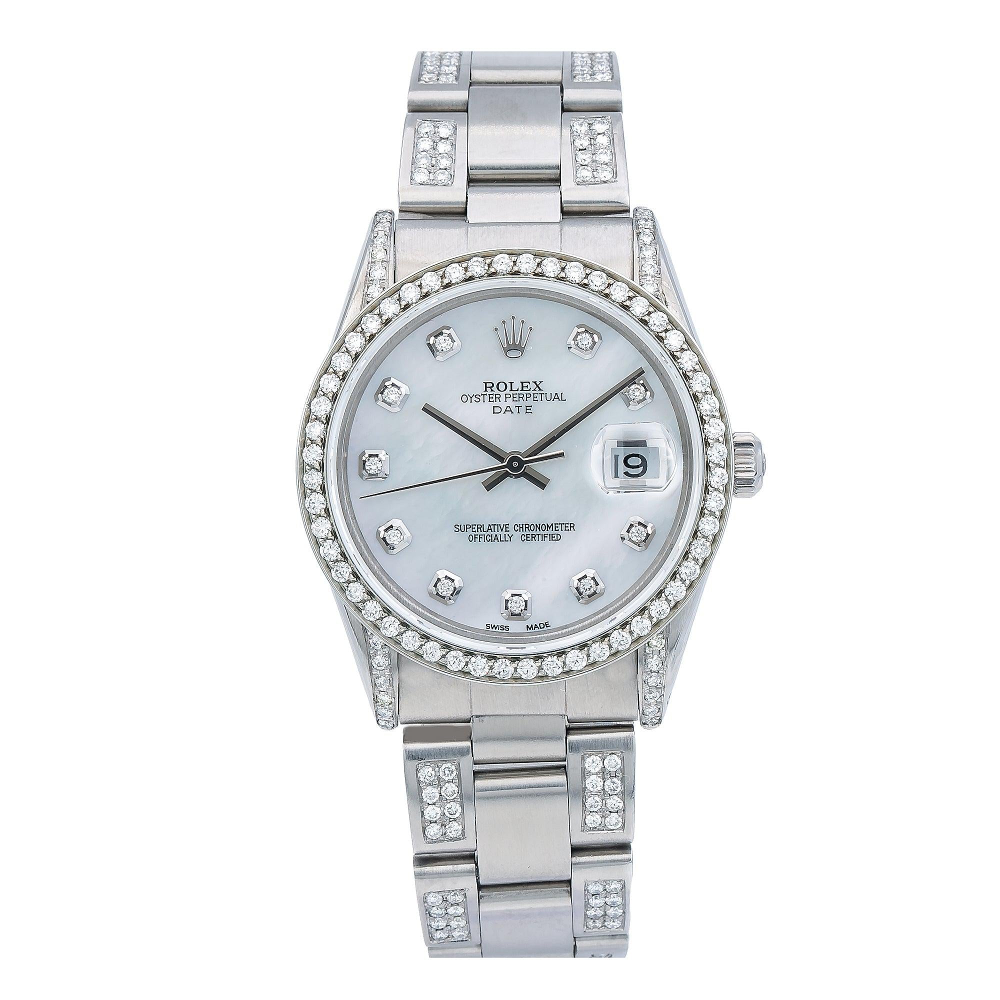 Rolex Oyster Perpetual Date 15000 34MM White Mother of Pearl Diamond Dial With 2.25 CT Diamonds