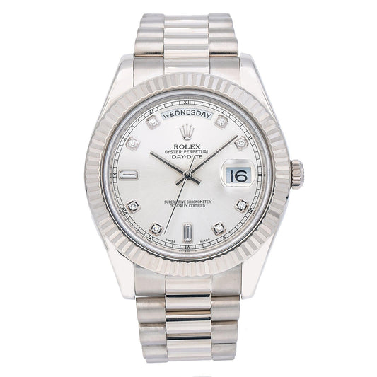 White Gold Rolex Day Date II 218239 41MM Silver Diamond Dial With White Gold President Bracelet