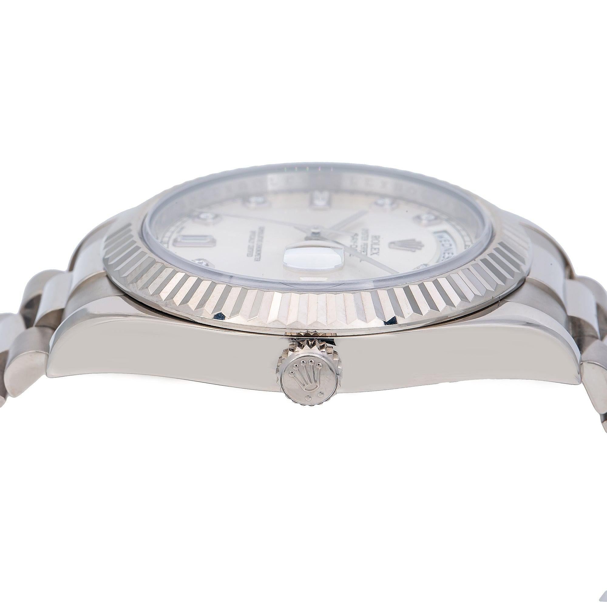 White Gold Rolex Day Date II 218239 41MM Silver Diamond Dial With White Gold President Bracelet